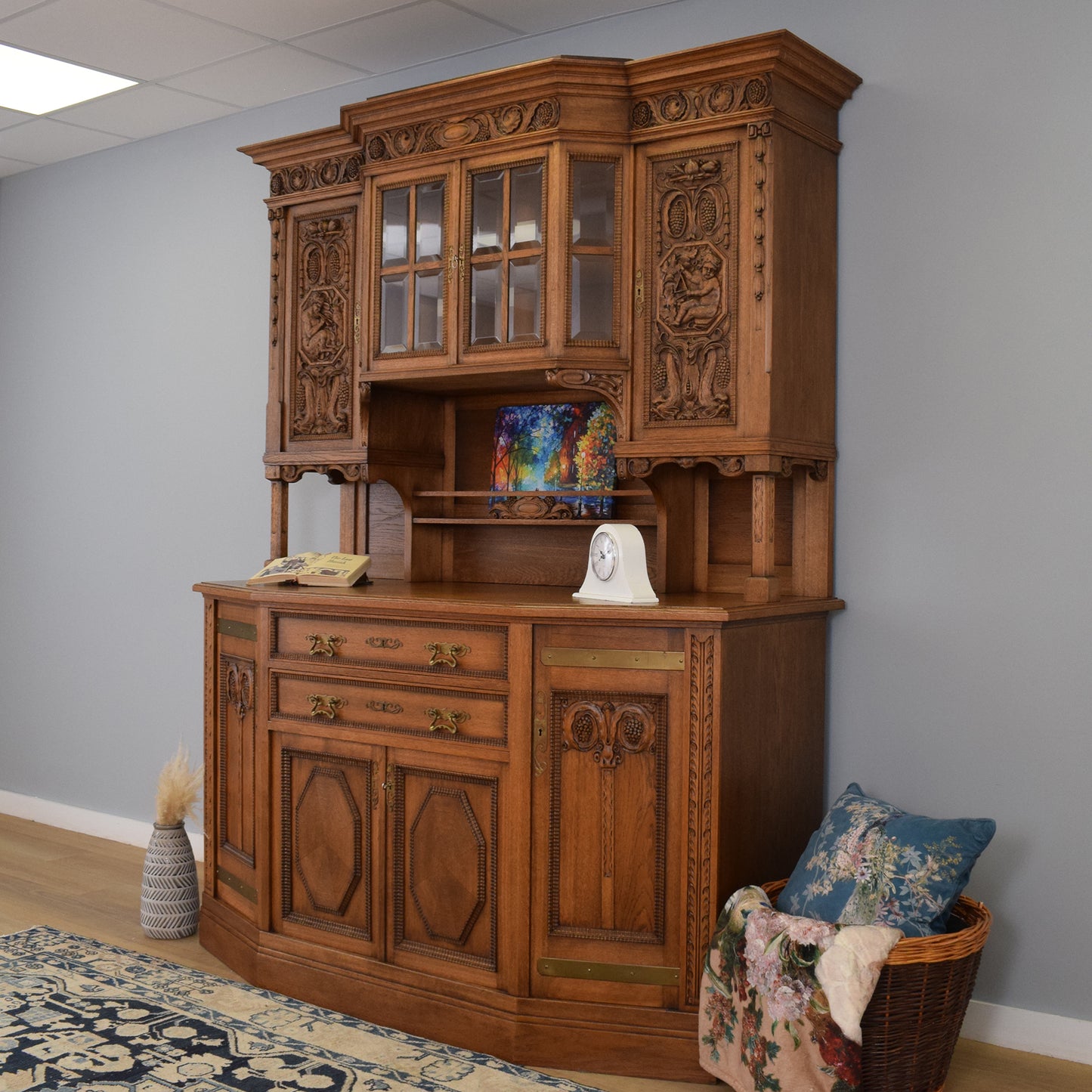 Large Solid Oak Carved Dresser