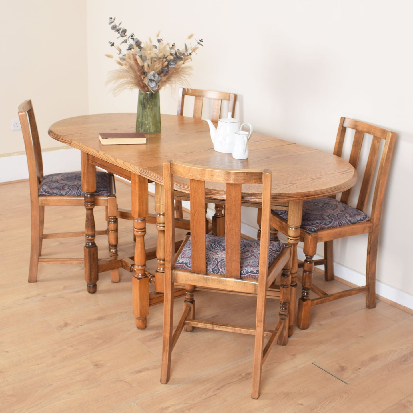Oak Drop-Leaf Table with Four Chairs