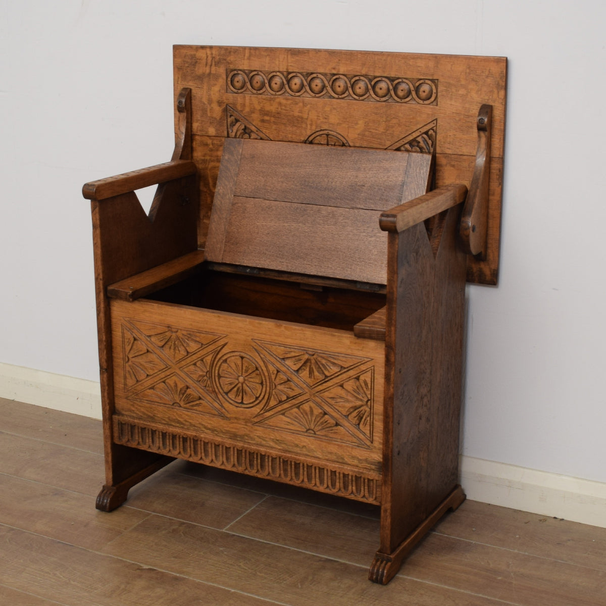 Carved Oak Monks Bench