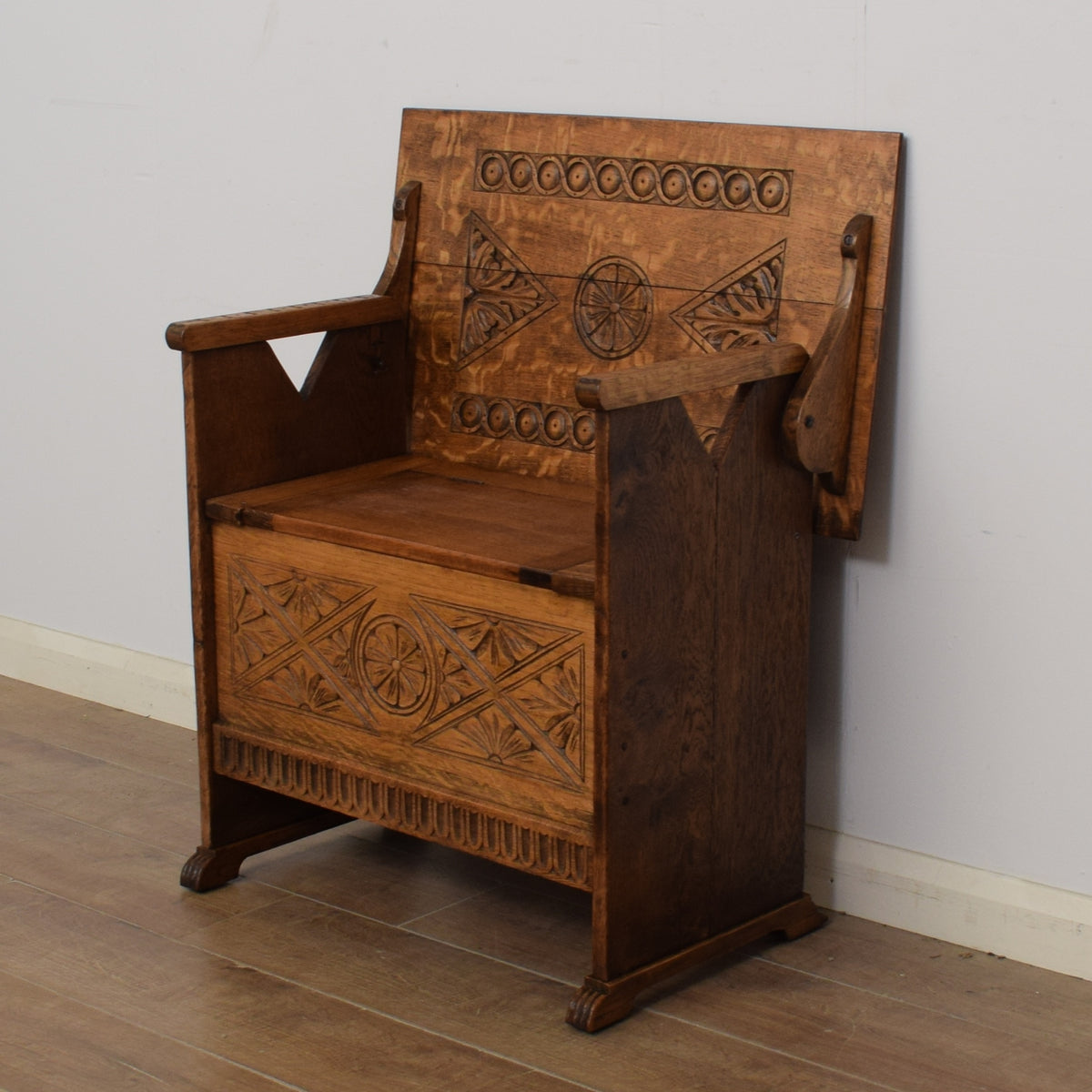 Carved Oak Monks Bench