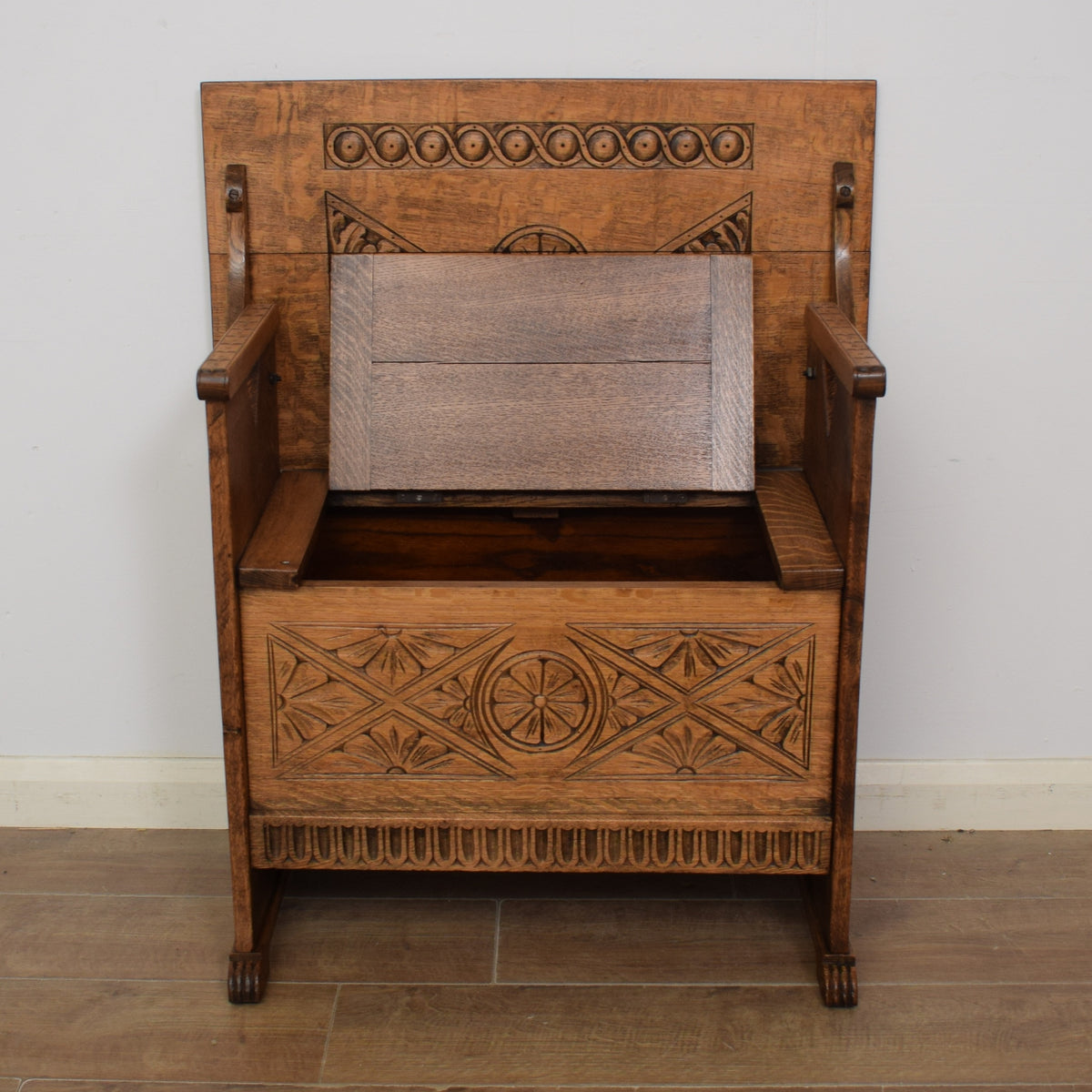Carved Oak Monks Bench