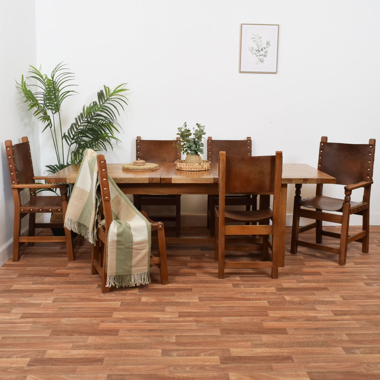 Solid Oak Draw Leaf Table and Six Chairs