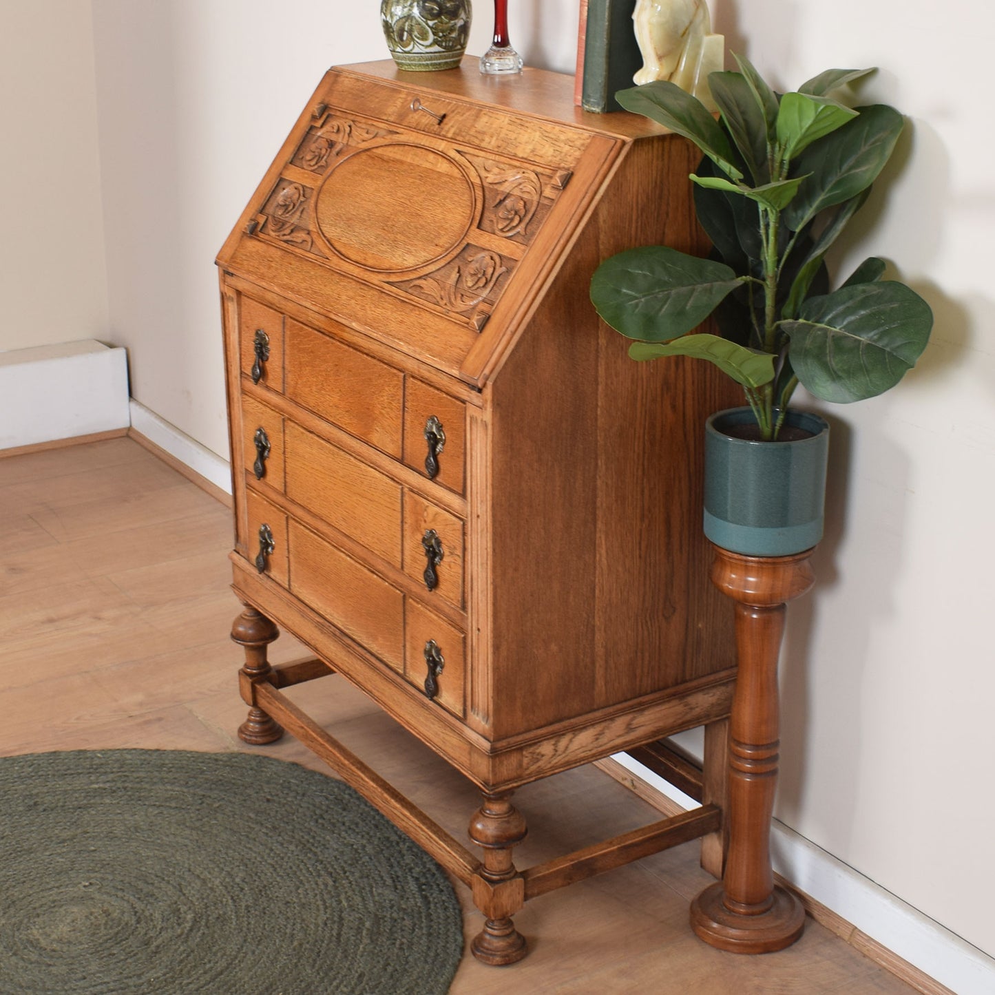 Ornate Carved Oak Bureau
