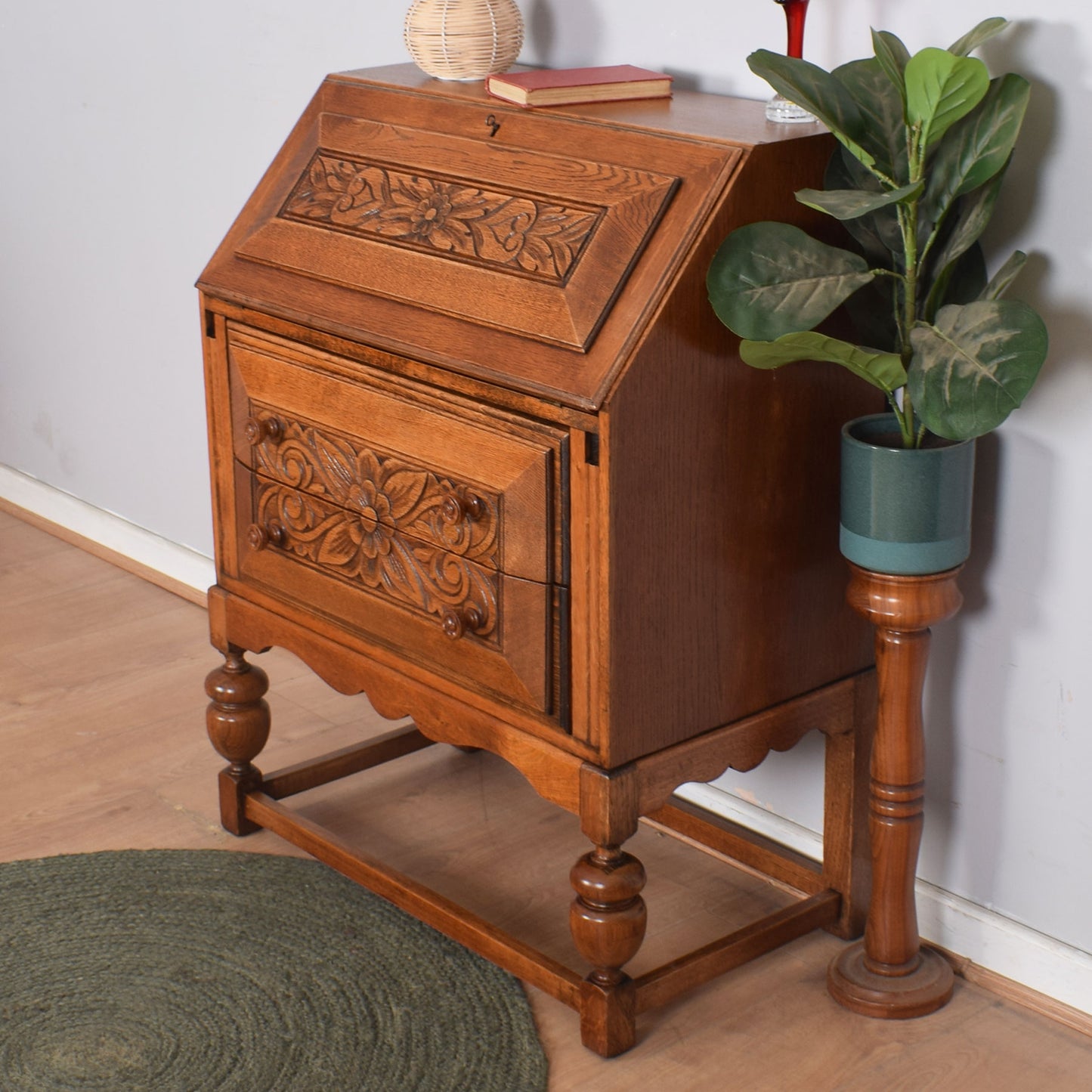 Ornate Carved Oak Writing Bureau