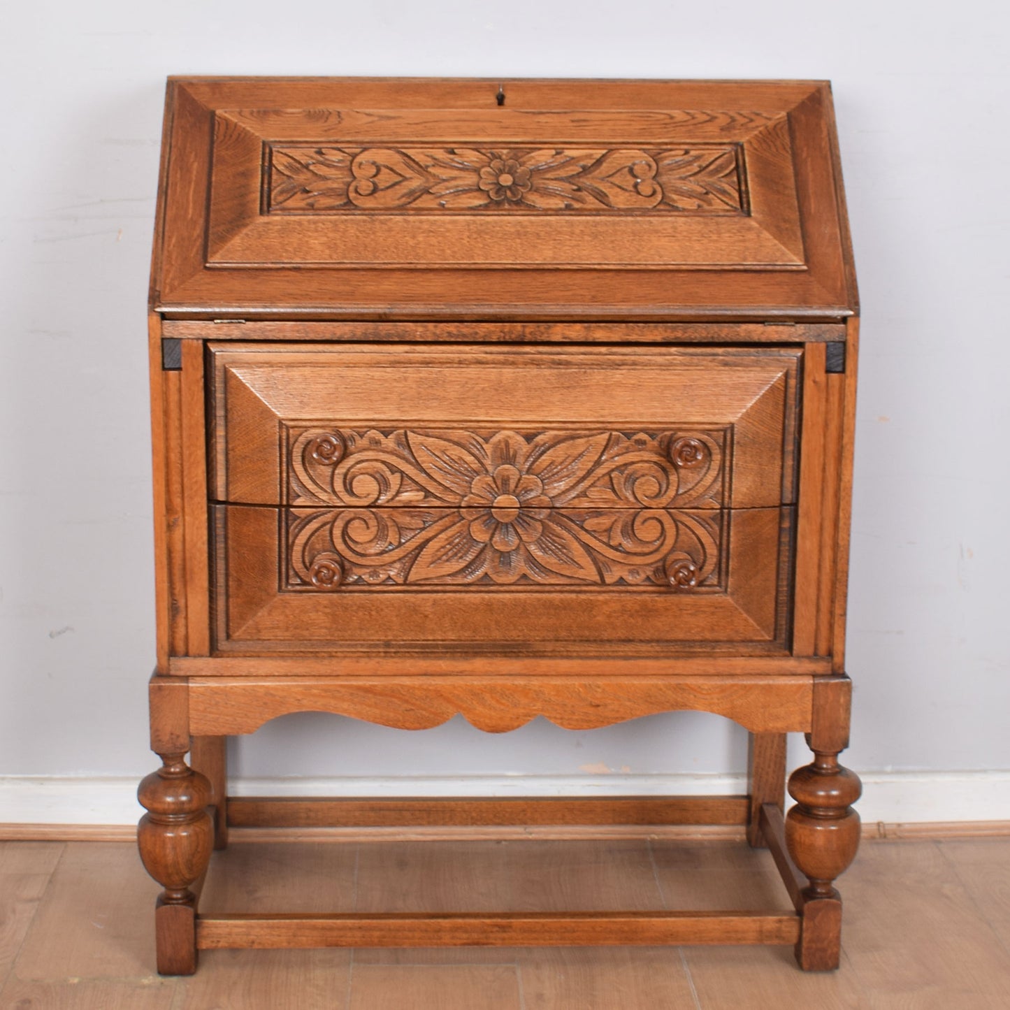 Ornate Carved Oak Writing Bureau