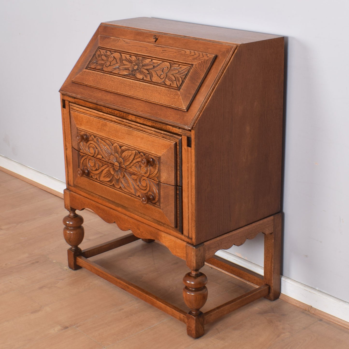 Ornate Carved Oak Writing Bureau