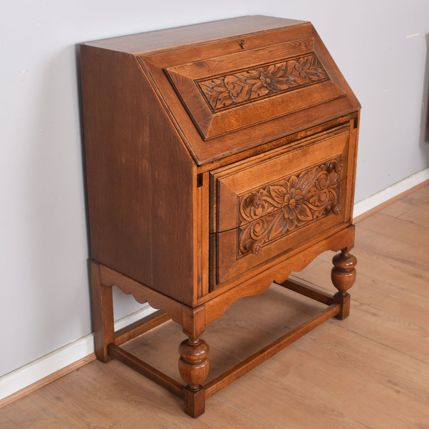 Ornate Carved Oak Writing Bureau