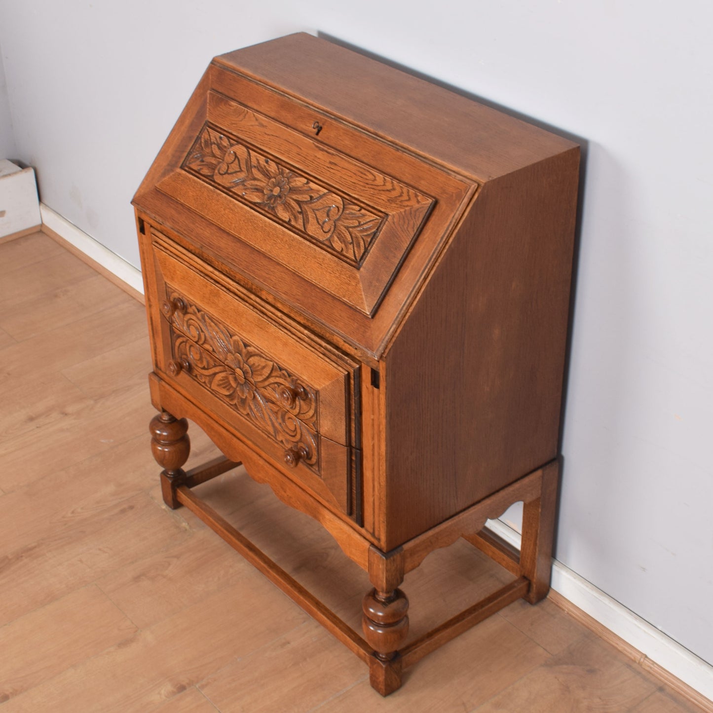 Ornate Carved Oak Writing Bureau