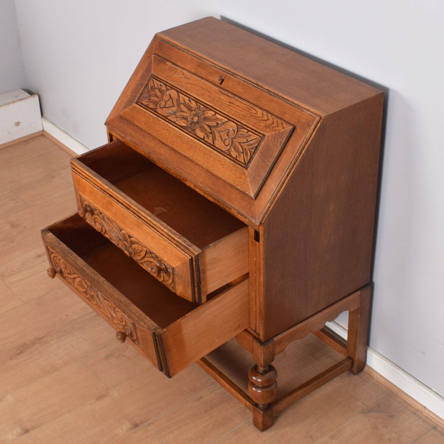 Ornate Carved Oak Writing Bureau