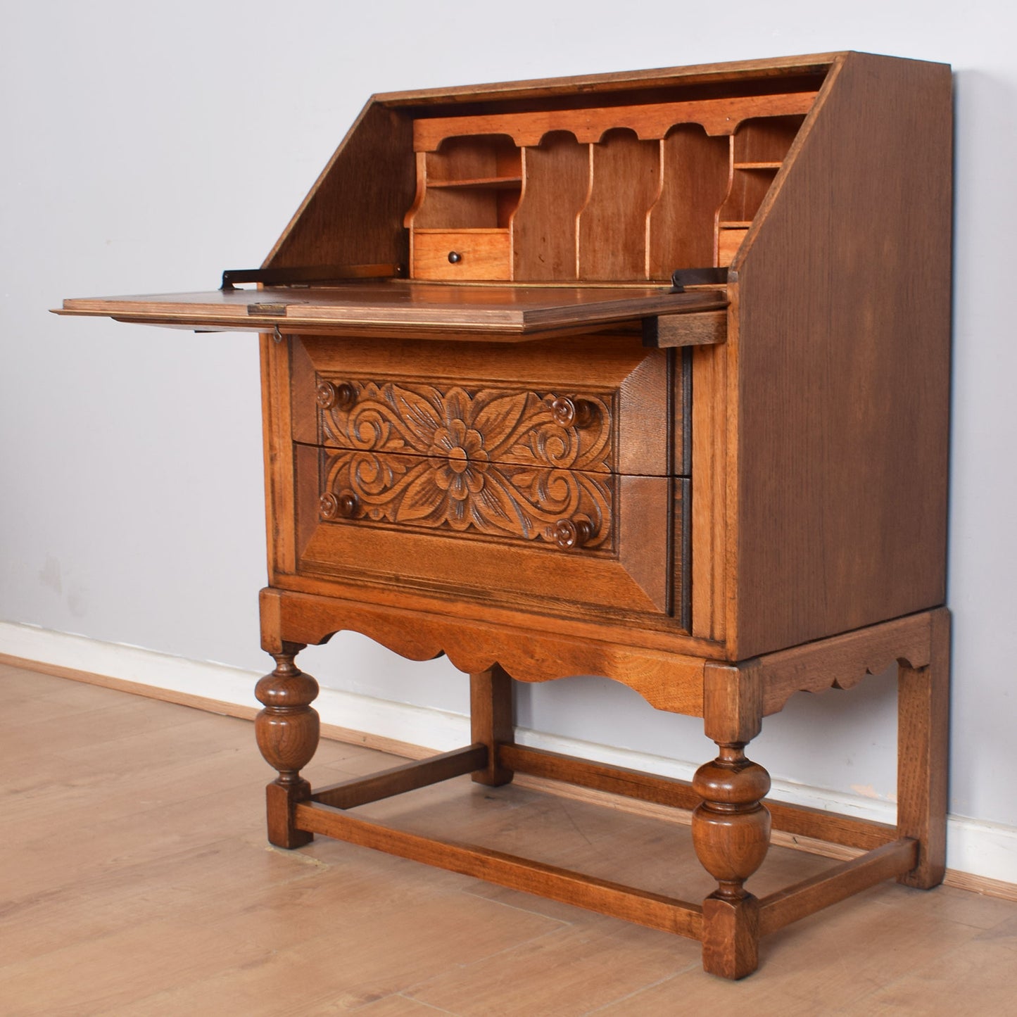 Ornate Carved Oak Writing Bureau