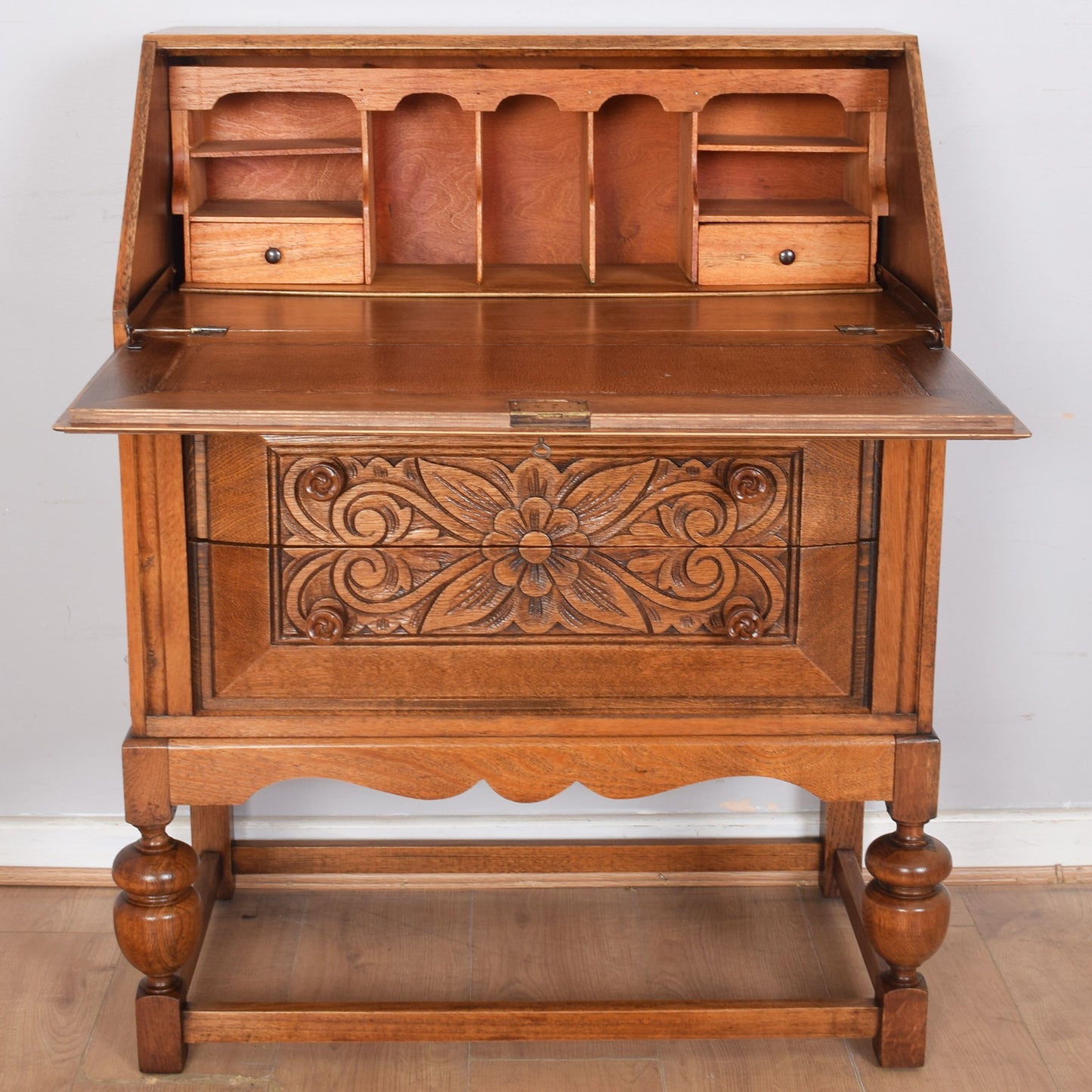 Ornate Carved Oak Writing Bureau