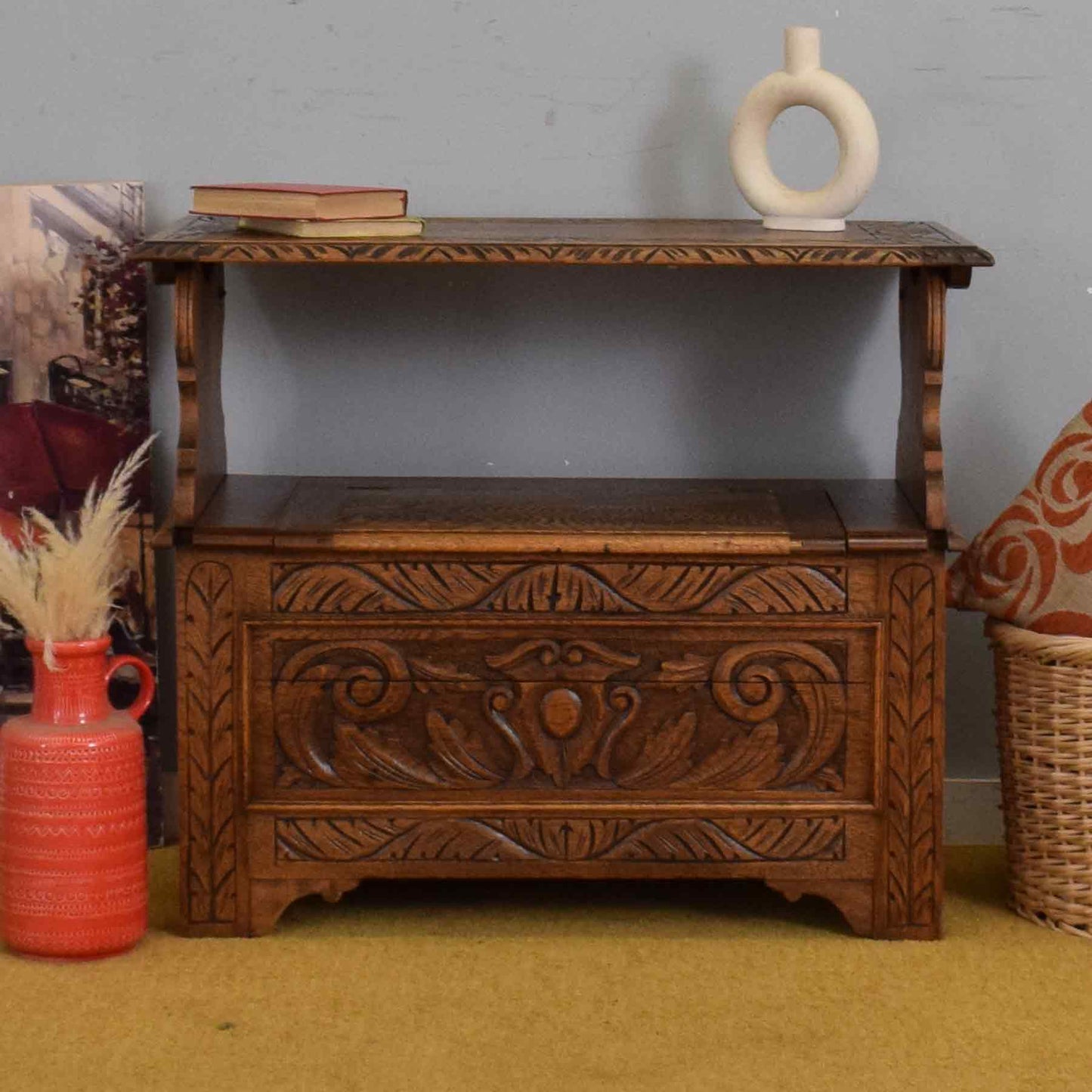 Carved Oak Monks Bench