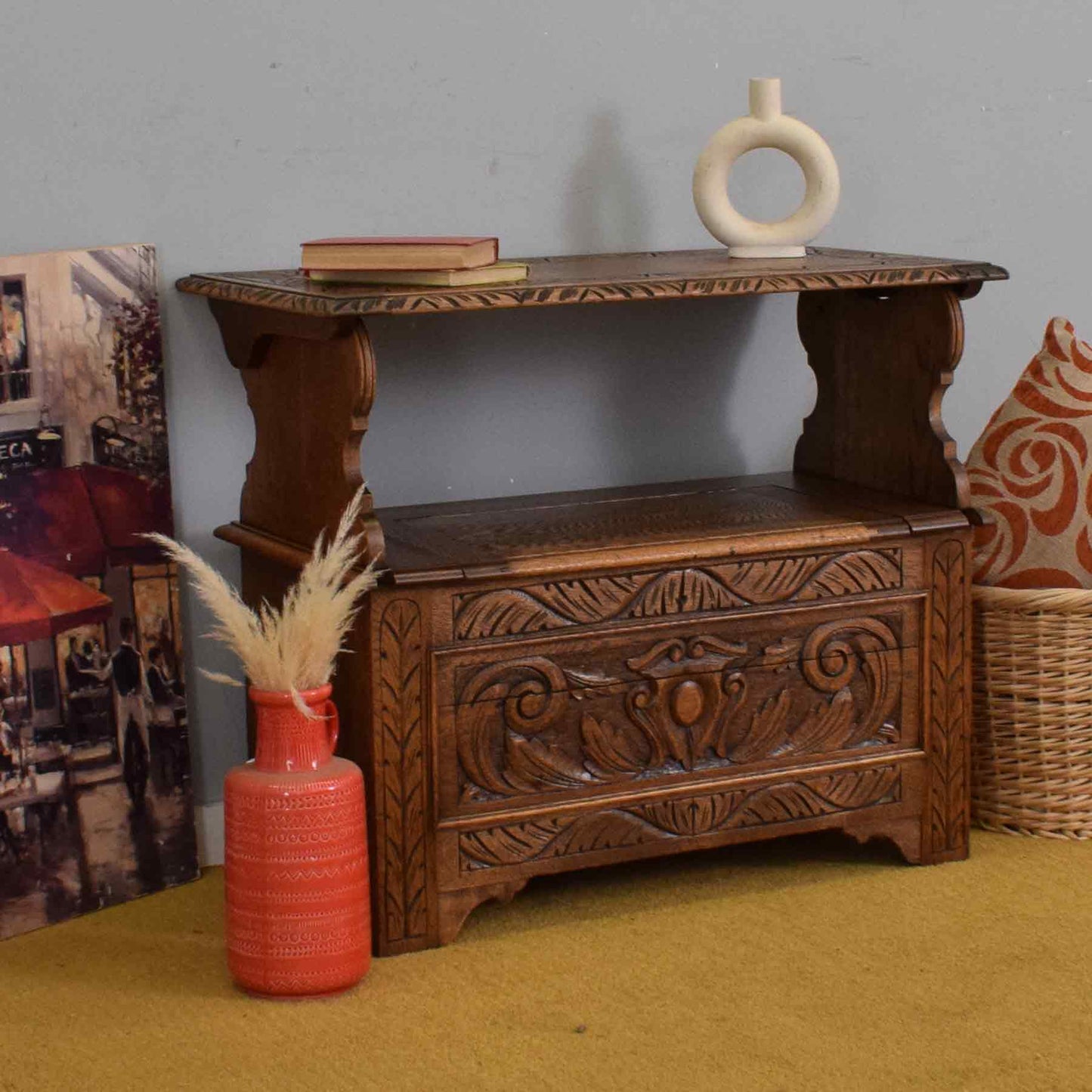 Carved Oak Monks Bench