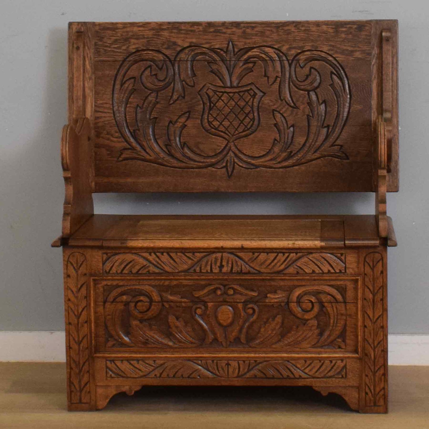 Carved Oak Monks Bench