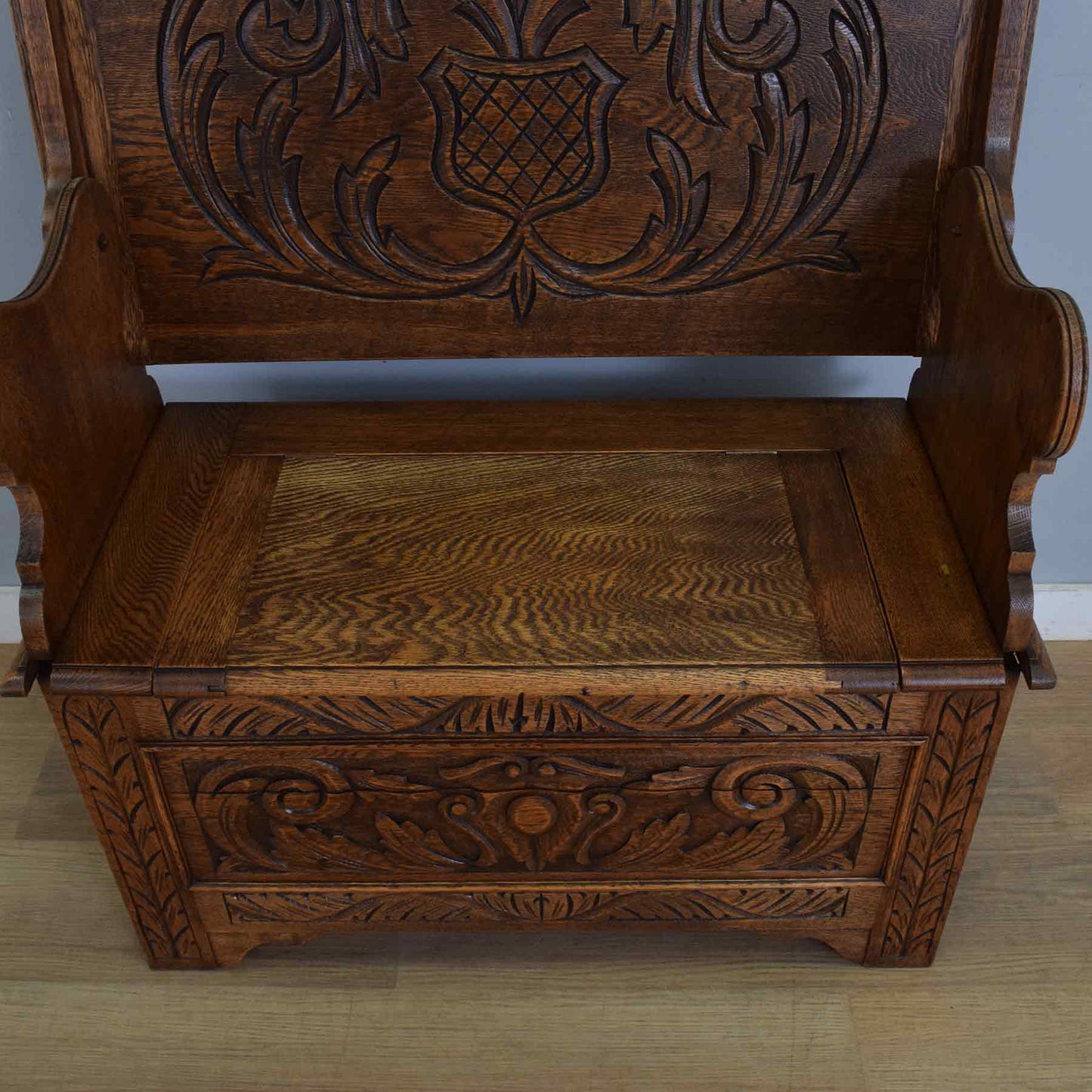 Carved Oak Monks Bench