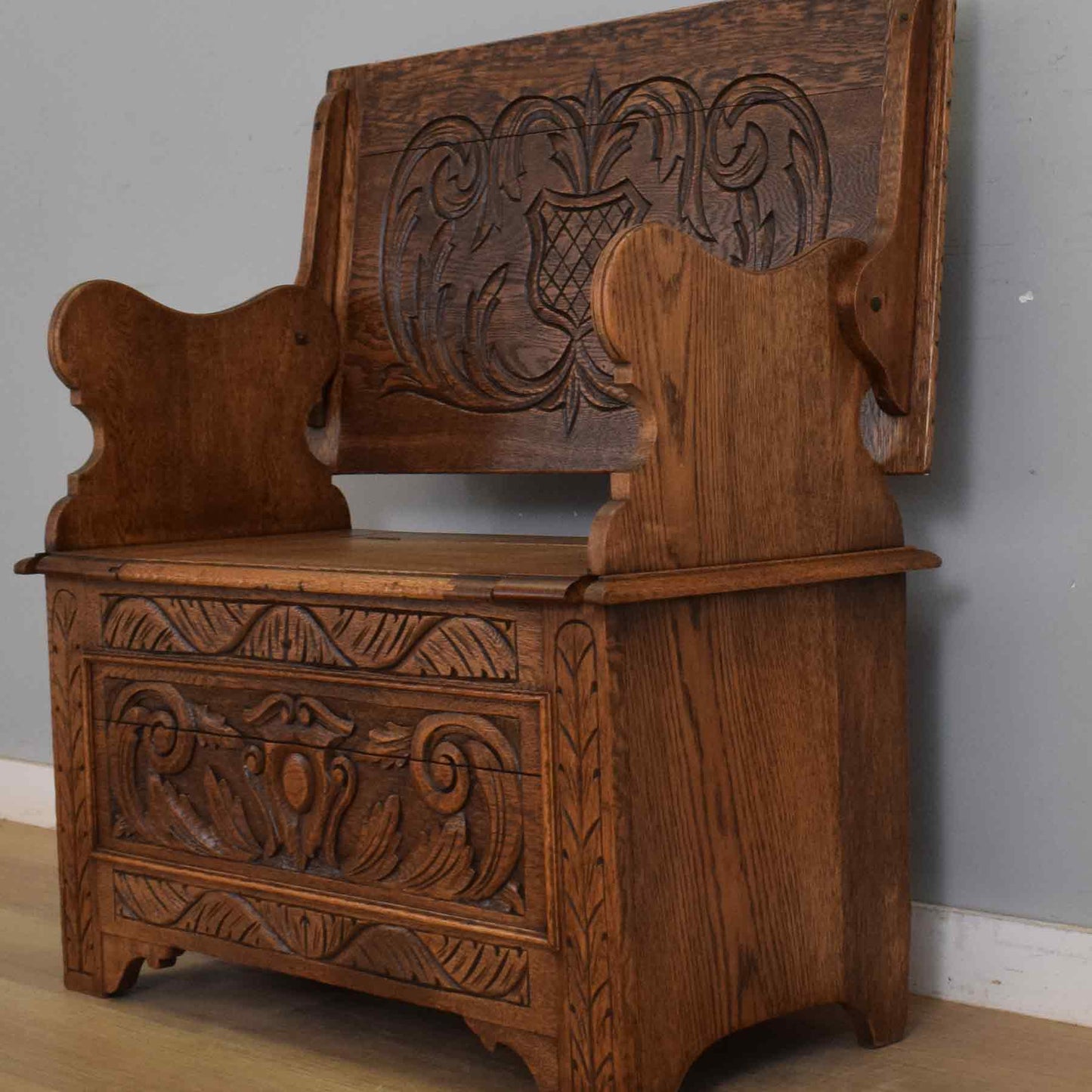 Carved Oak Monks Bench
