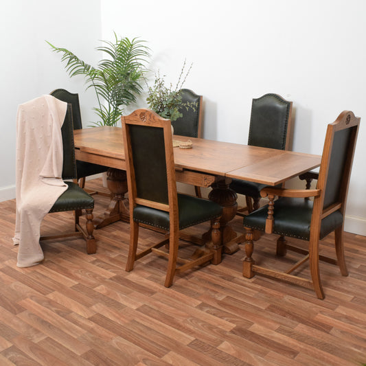 Carved Oak Draw Leaf Table and Six