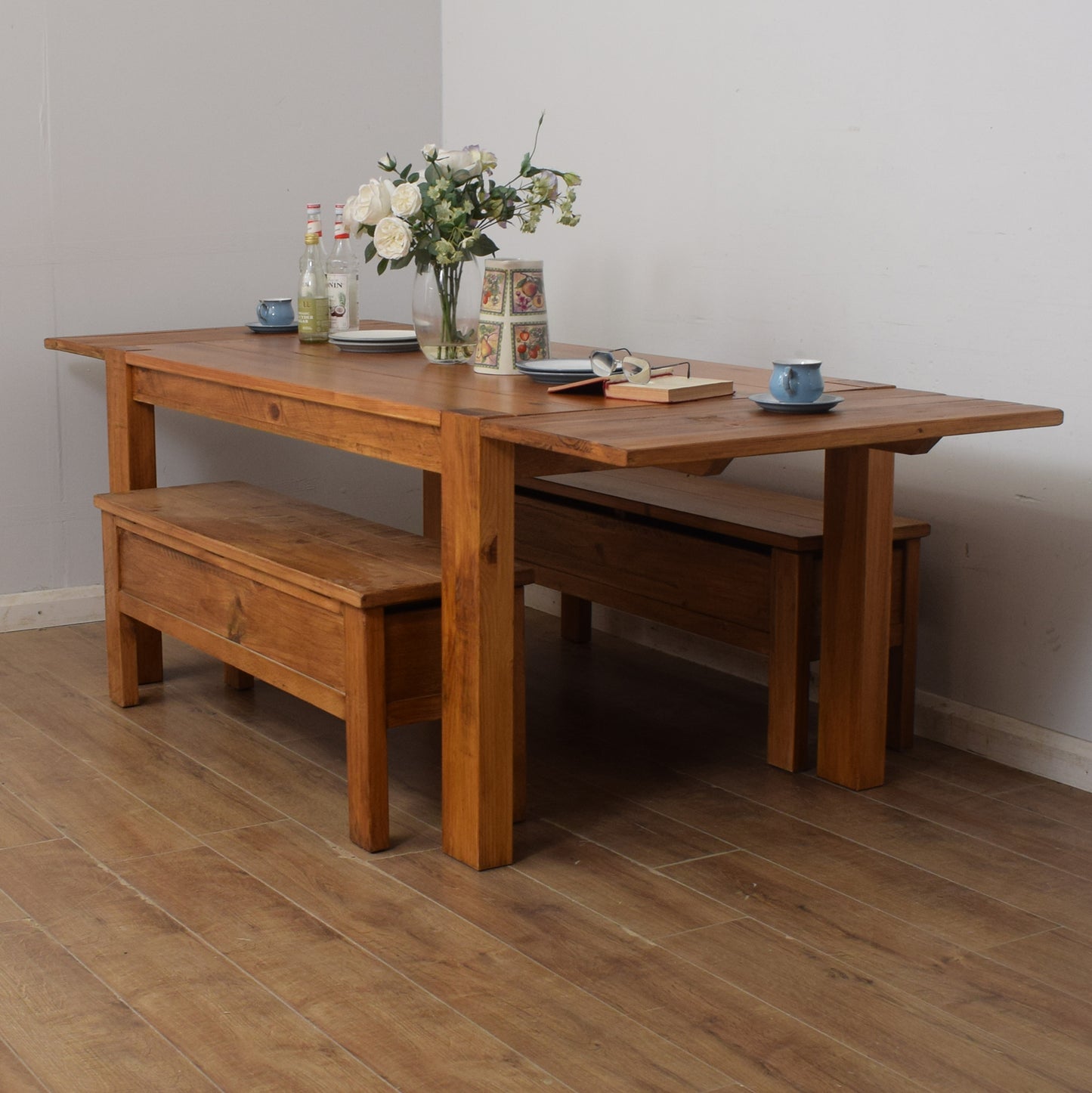 Extending Pine Dining Table & Two Benches