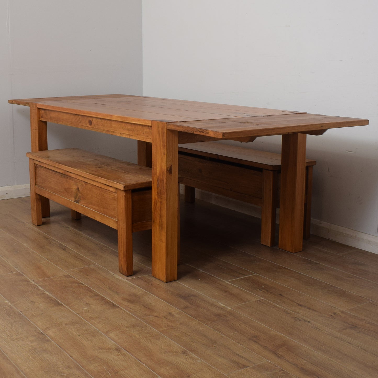 Extending Pine Dining Table & Two Benches