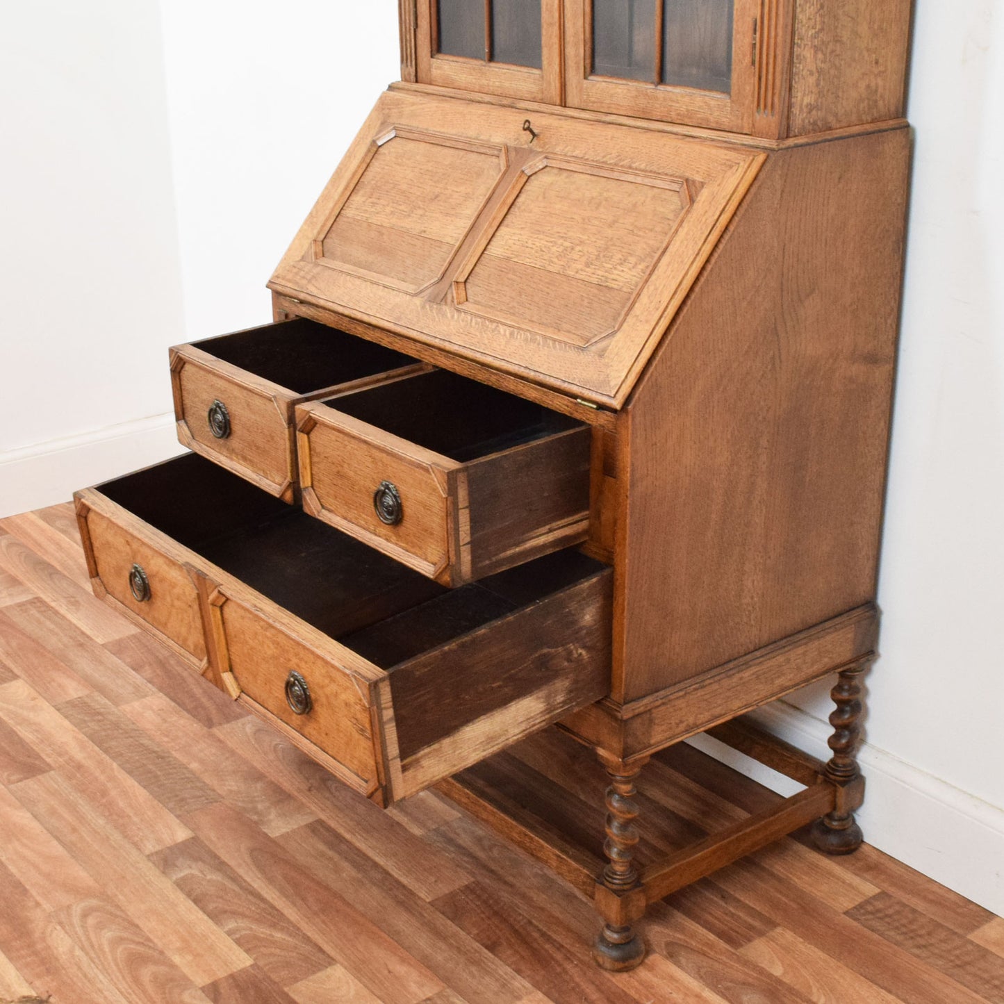 Barley Twist Oak Bureau Bookcase