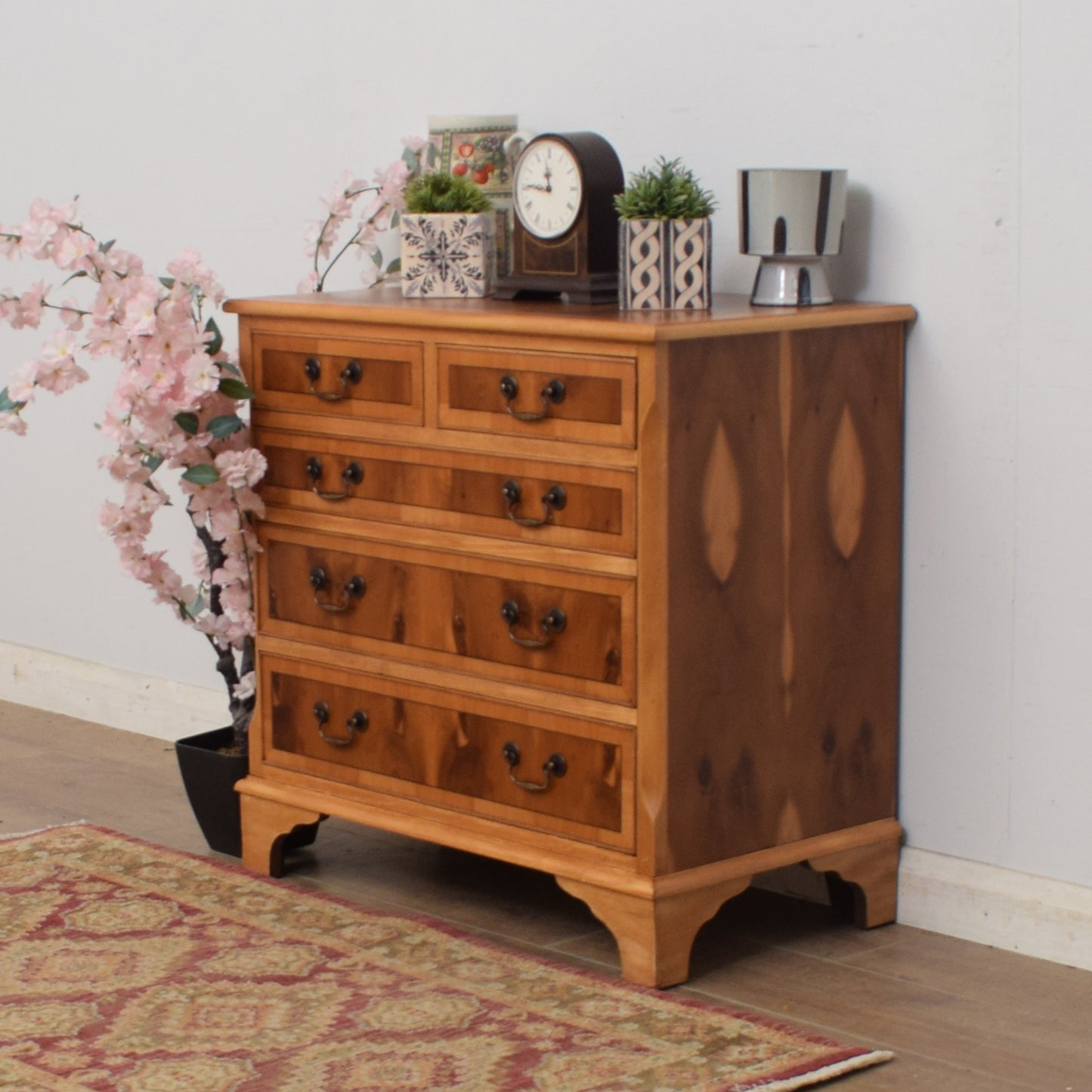 Yew Wood Veneer Chest of Drawers