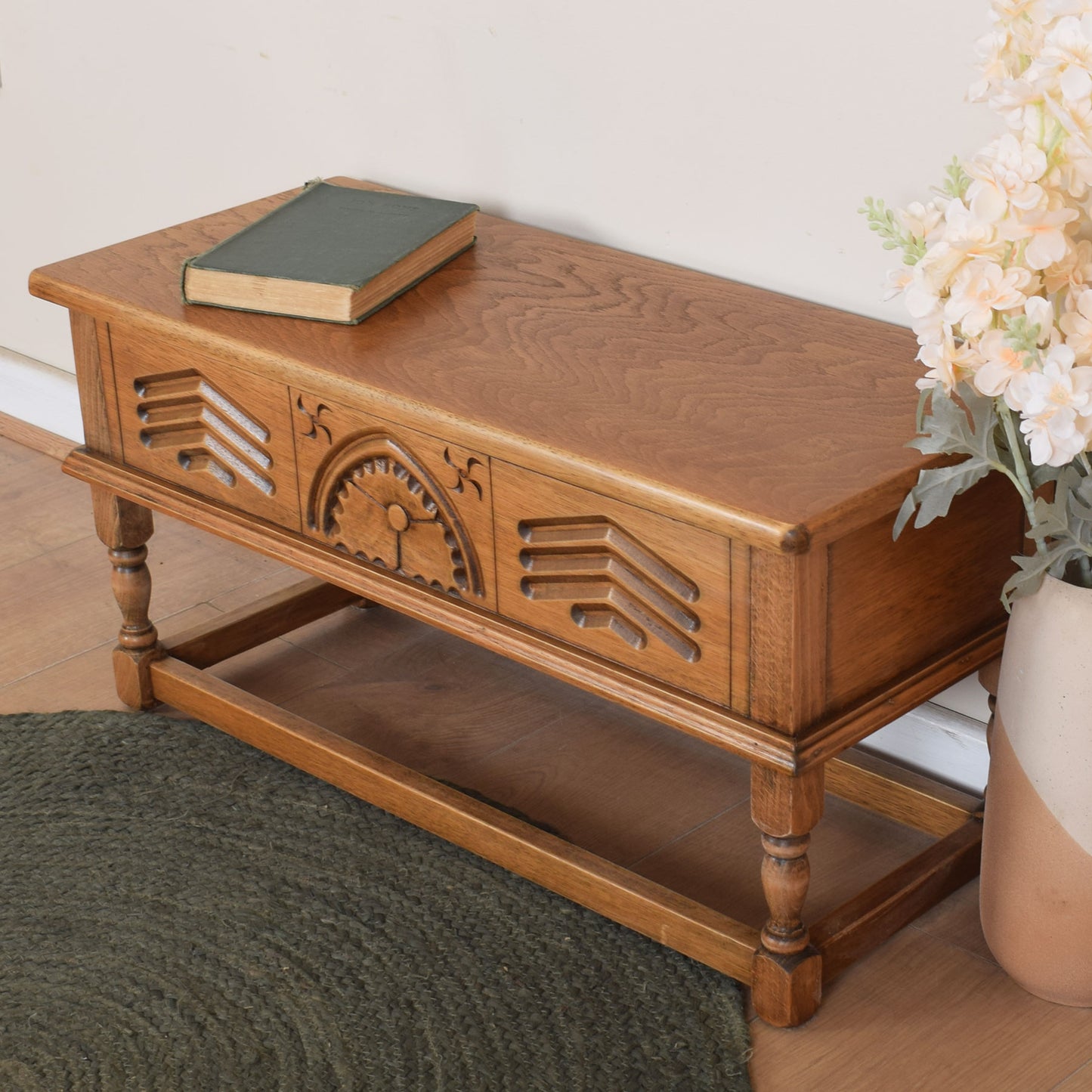 Carved Oak Side Table with Storage