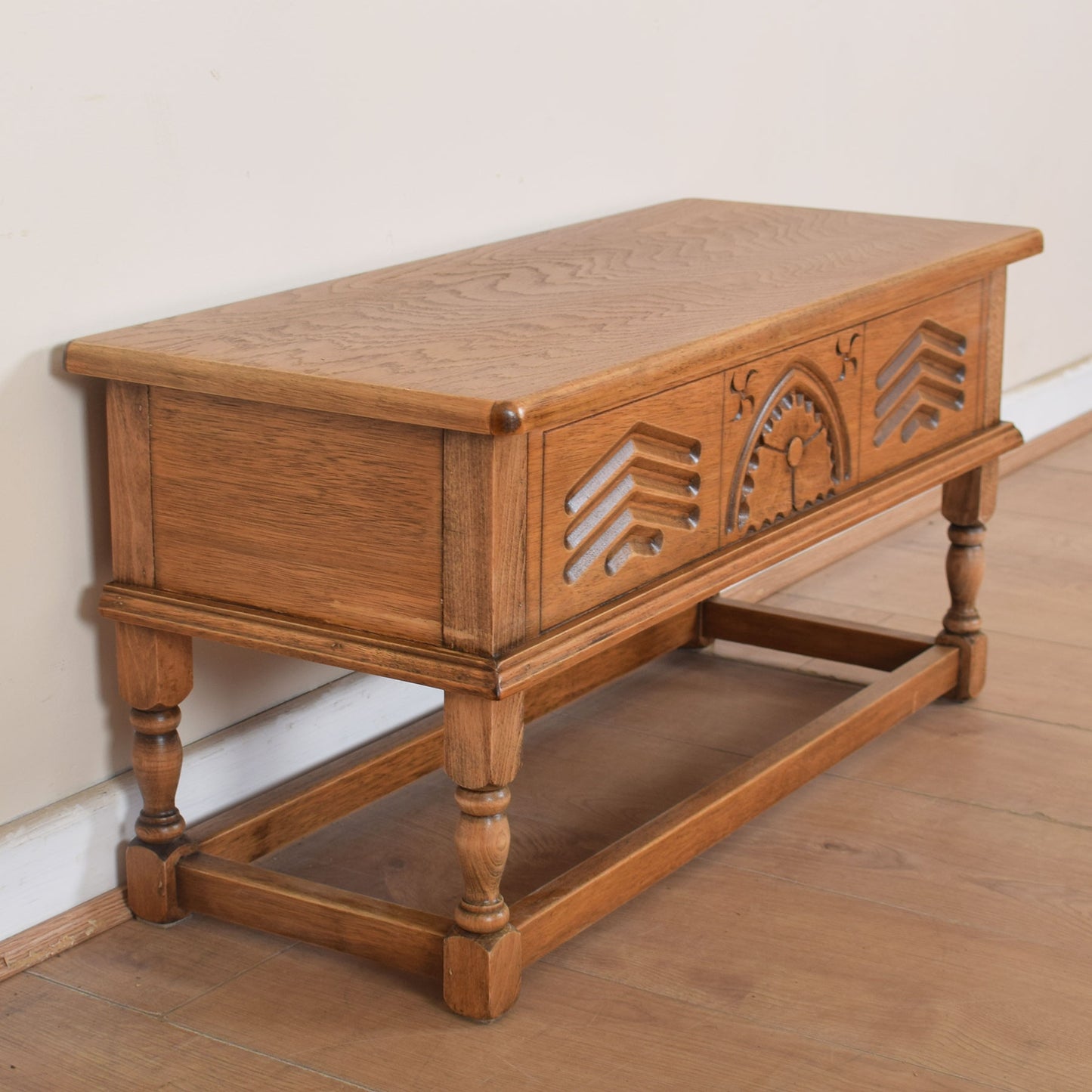 Carved Oak Side Table with Storage