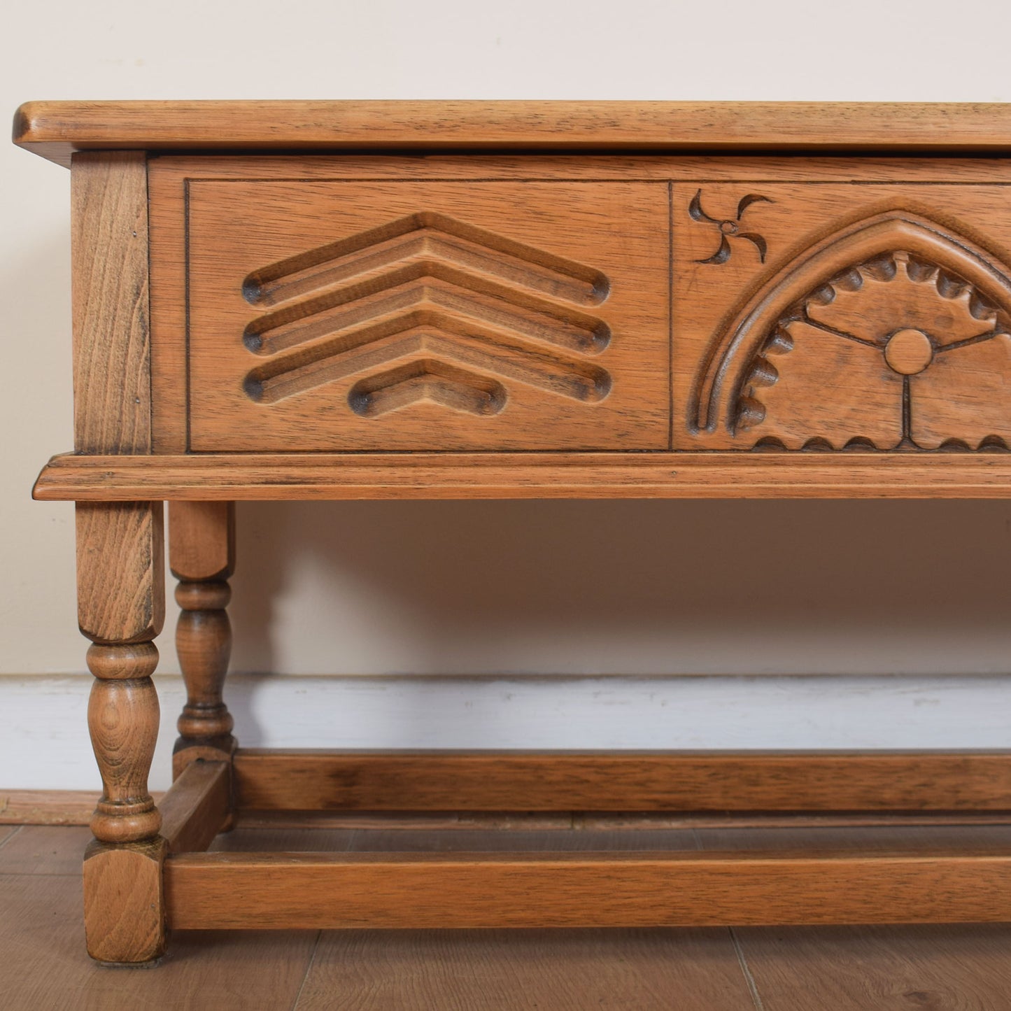 Carved Oak Side Table with Storage
