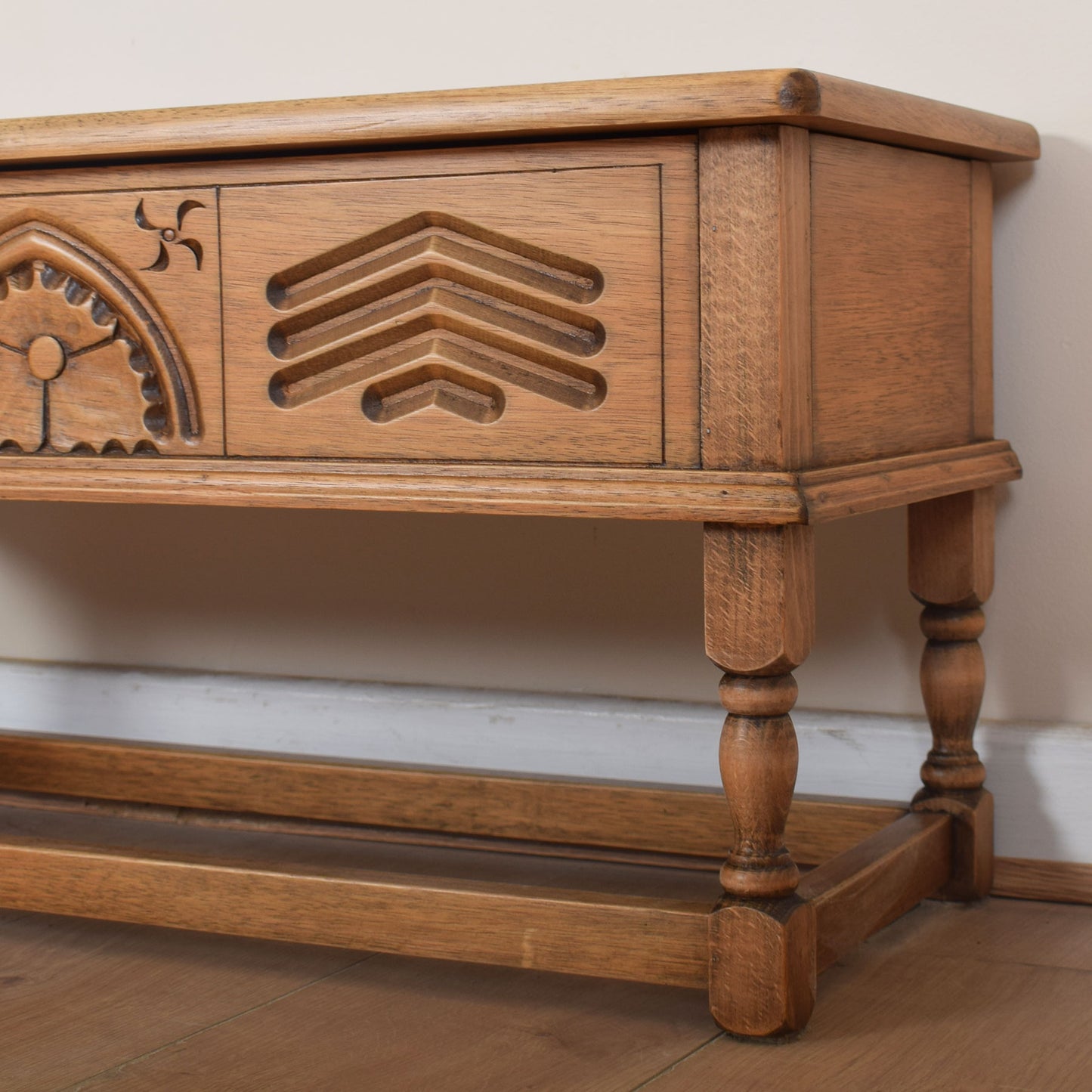 Carved Oak Side Table with Storage