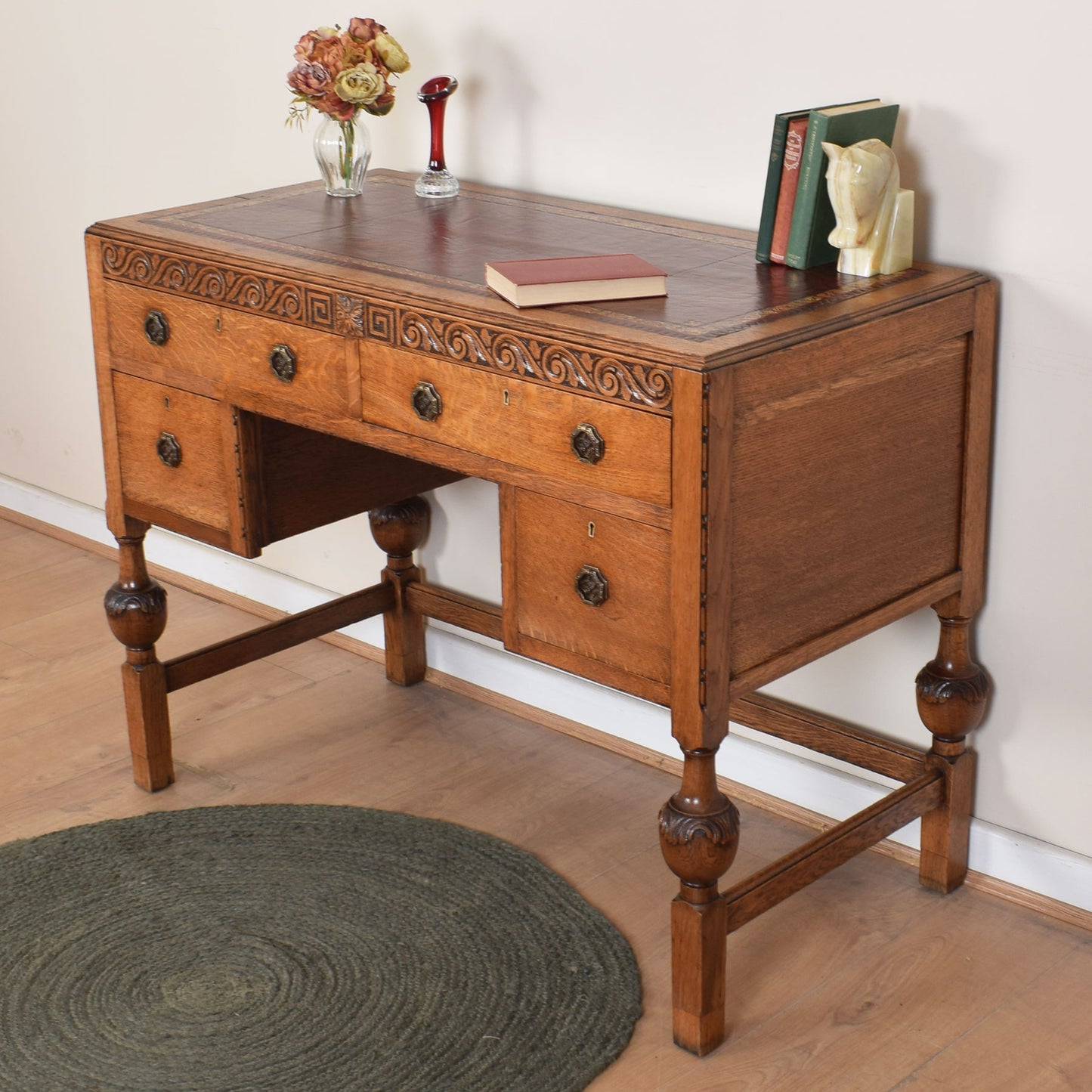 Vintage Leather-Topped Oak Desk