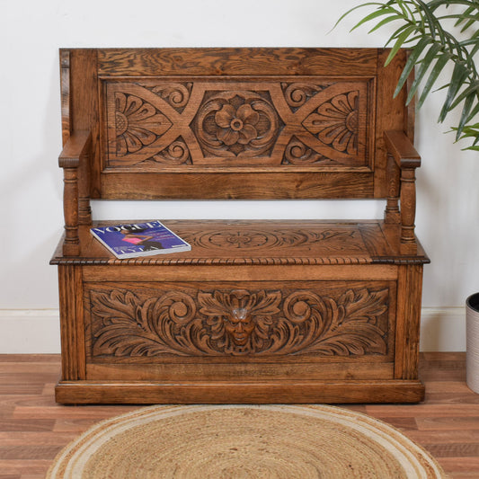Carved Oak Monks Bench
