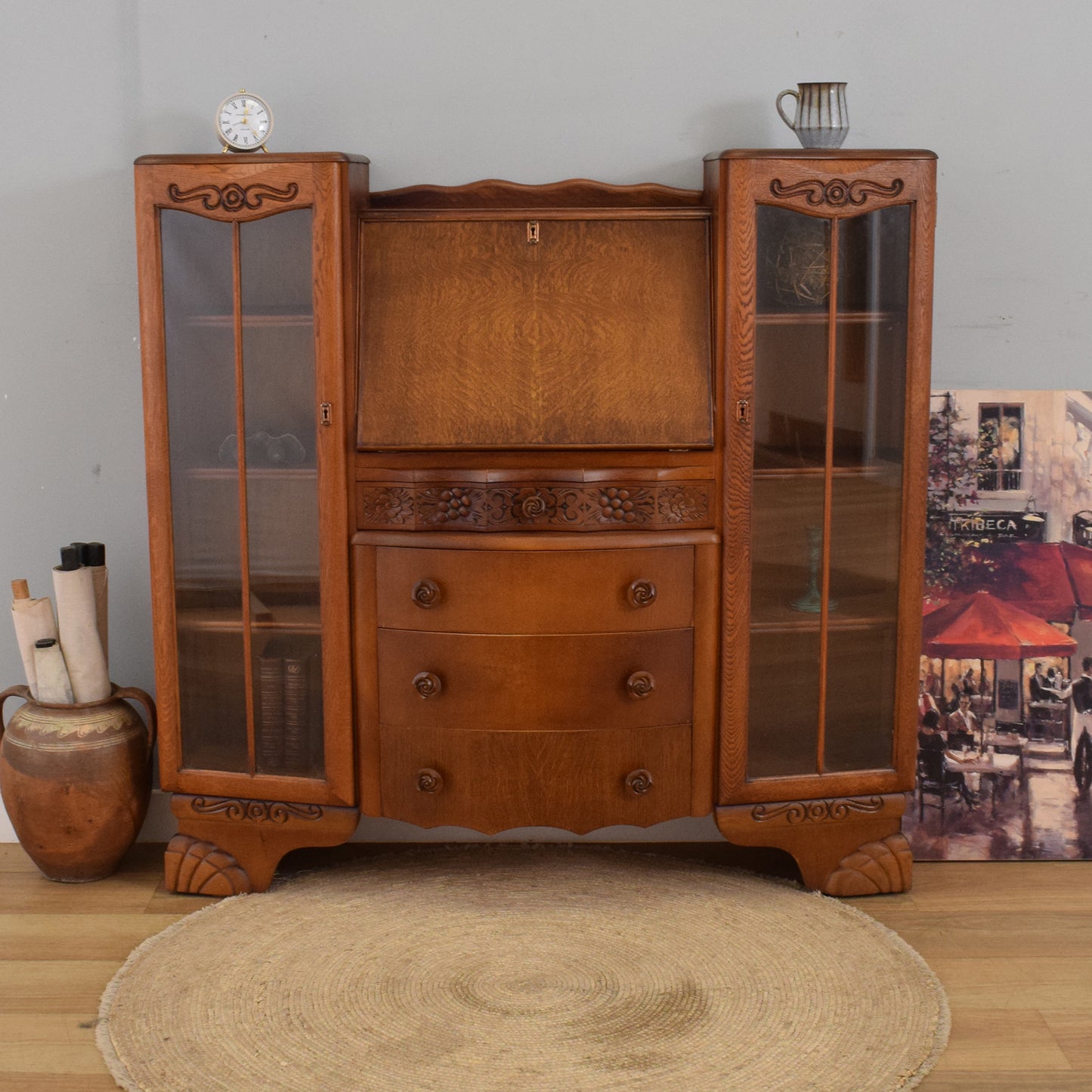 Side-by-Side Oak Bureau Bookcase