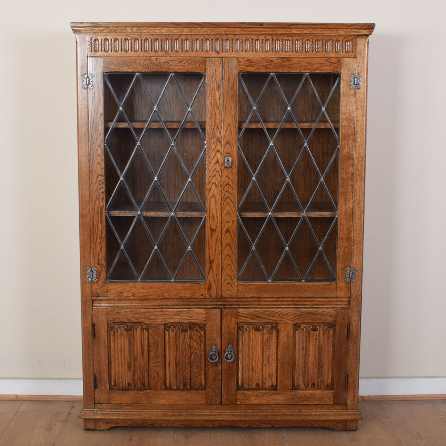 Oak Linenfold Glazed Bookcase