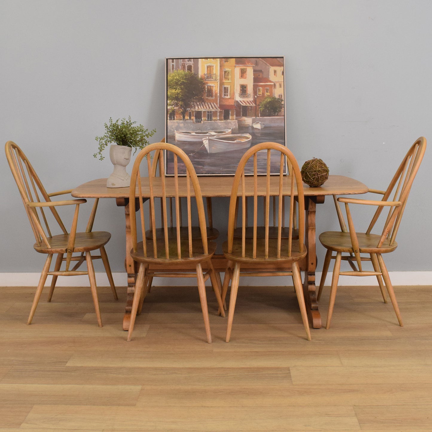 Ercol Trestle Table and Six Windsor Chairs