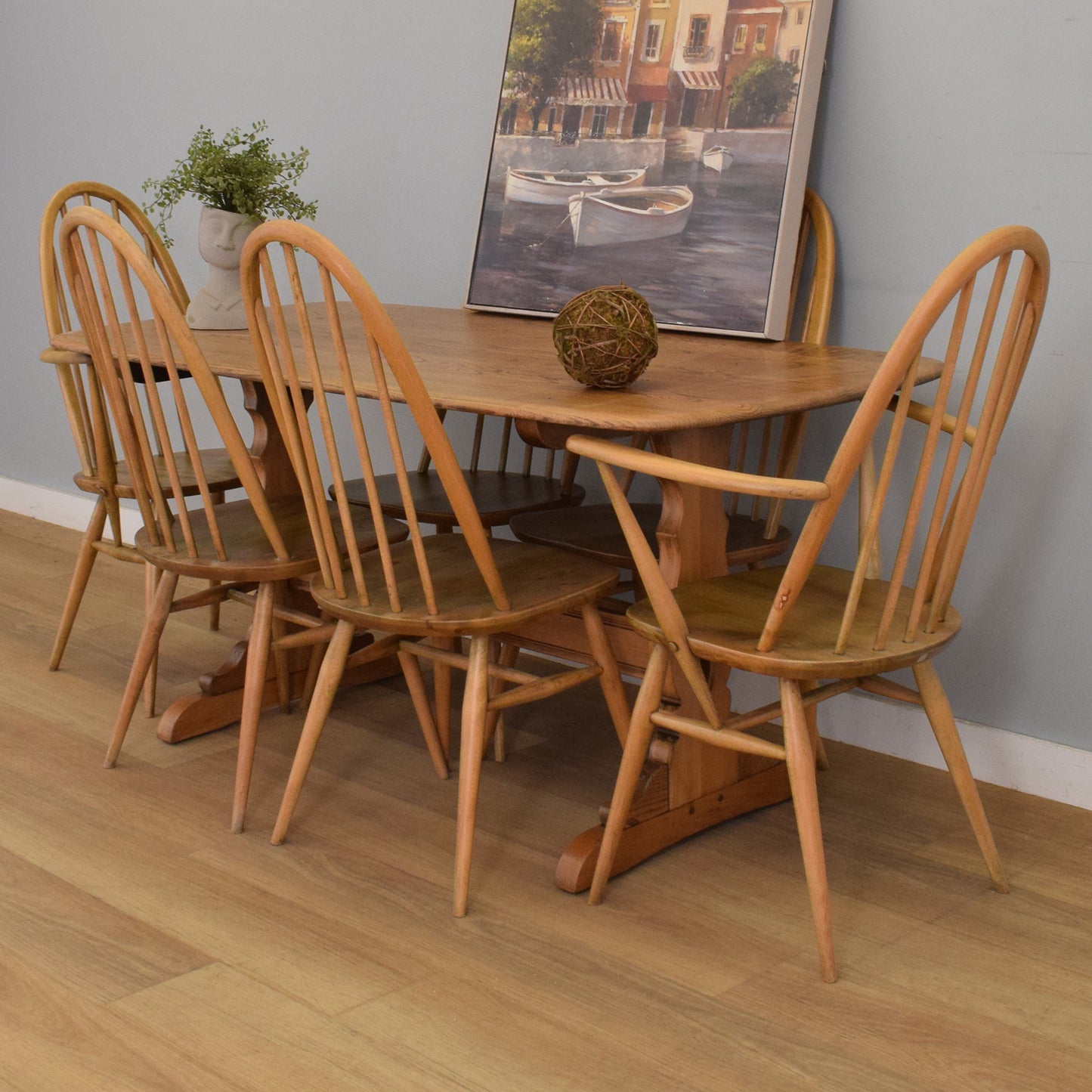 Ercol Trestle Table and Six Windsor Chairs