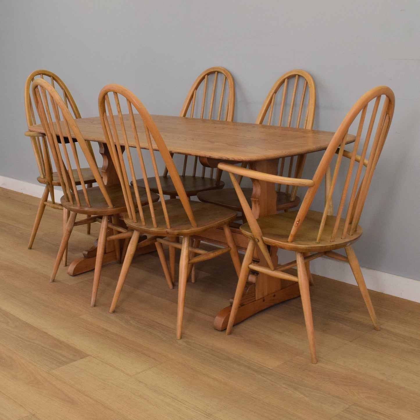 Ercol Trestle Table and Six Windsor Chairs