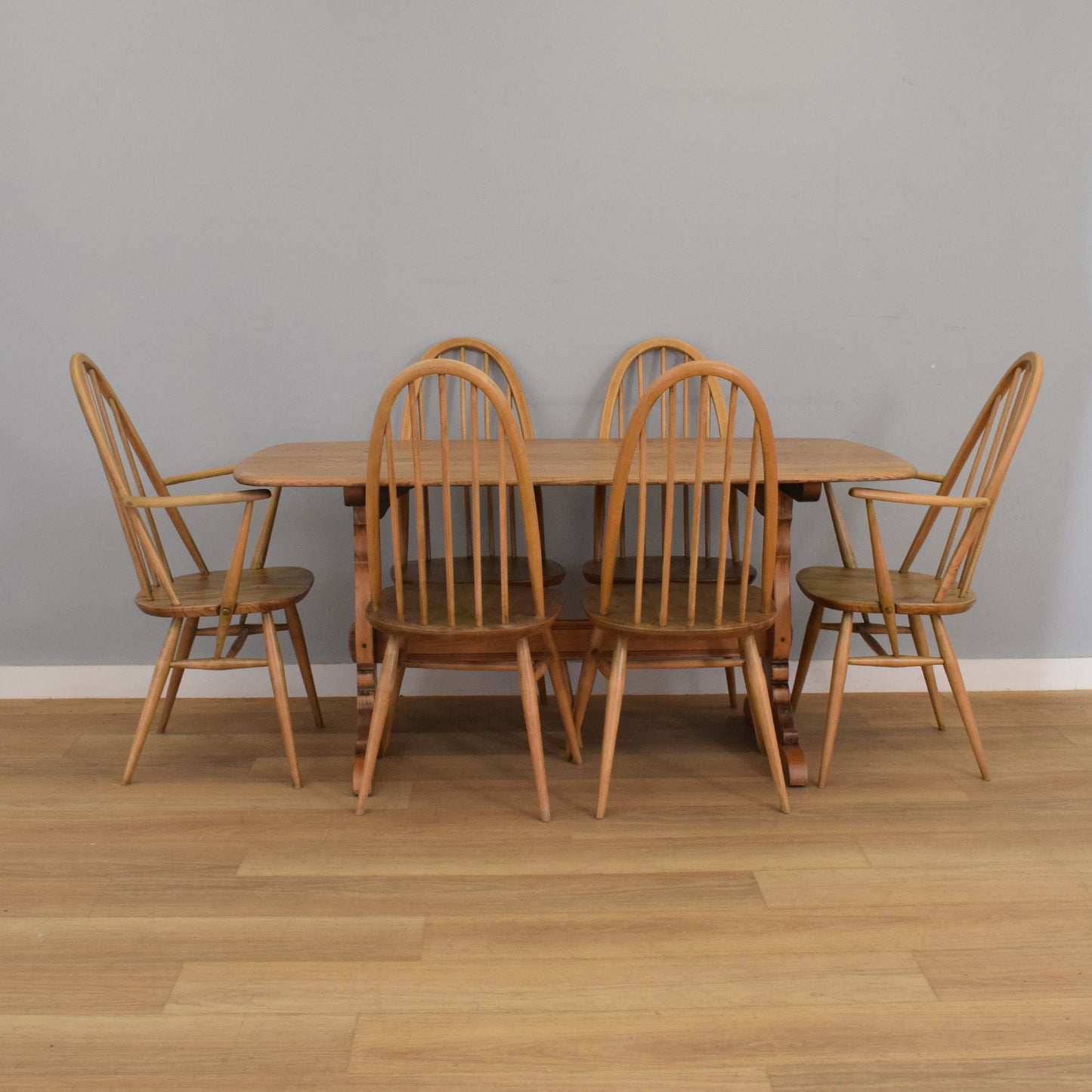 Ercol Trestle Table and Six Windsor Chairs