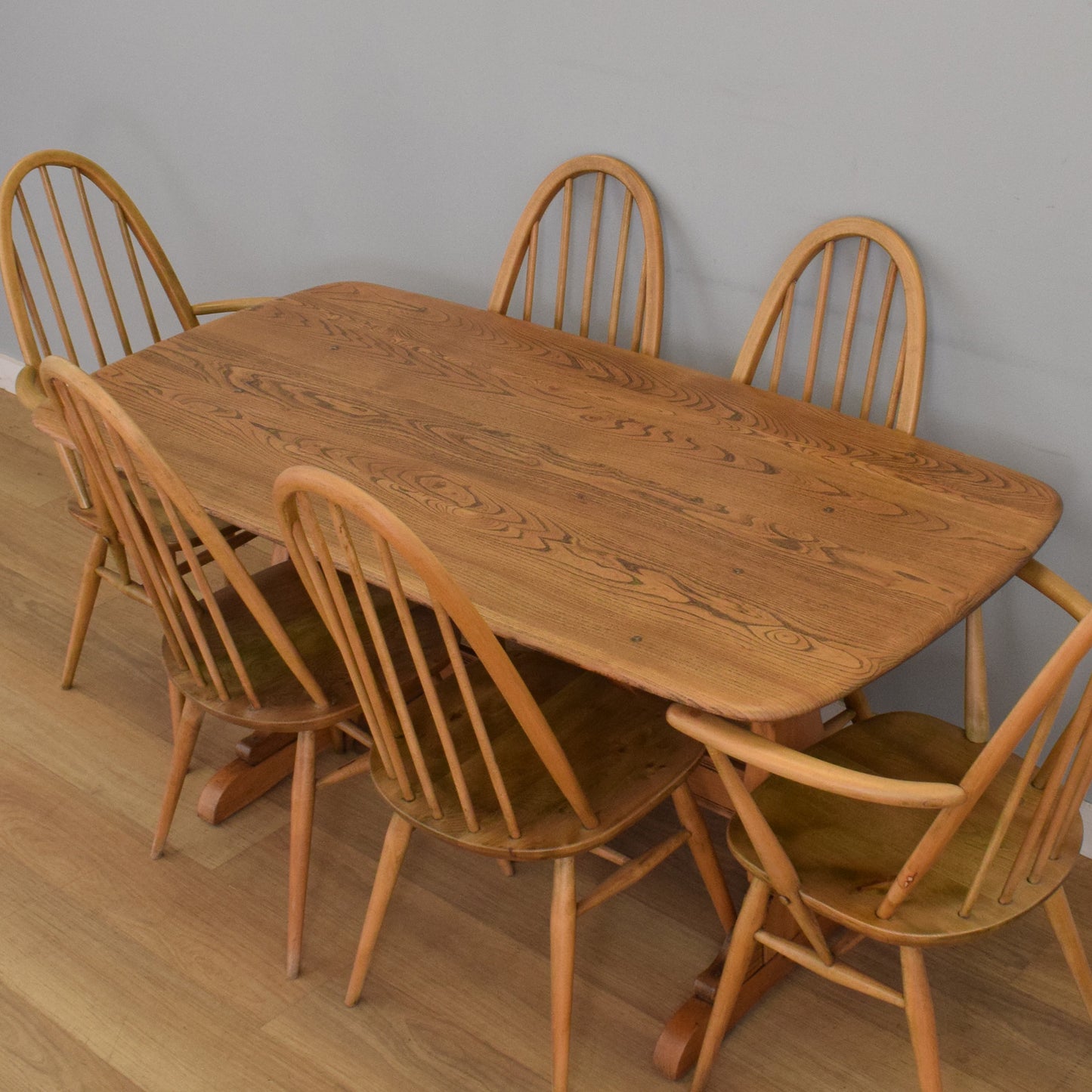 Ercol Trestle Table and Six Windsor Chairs