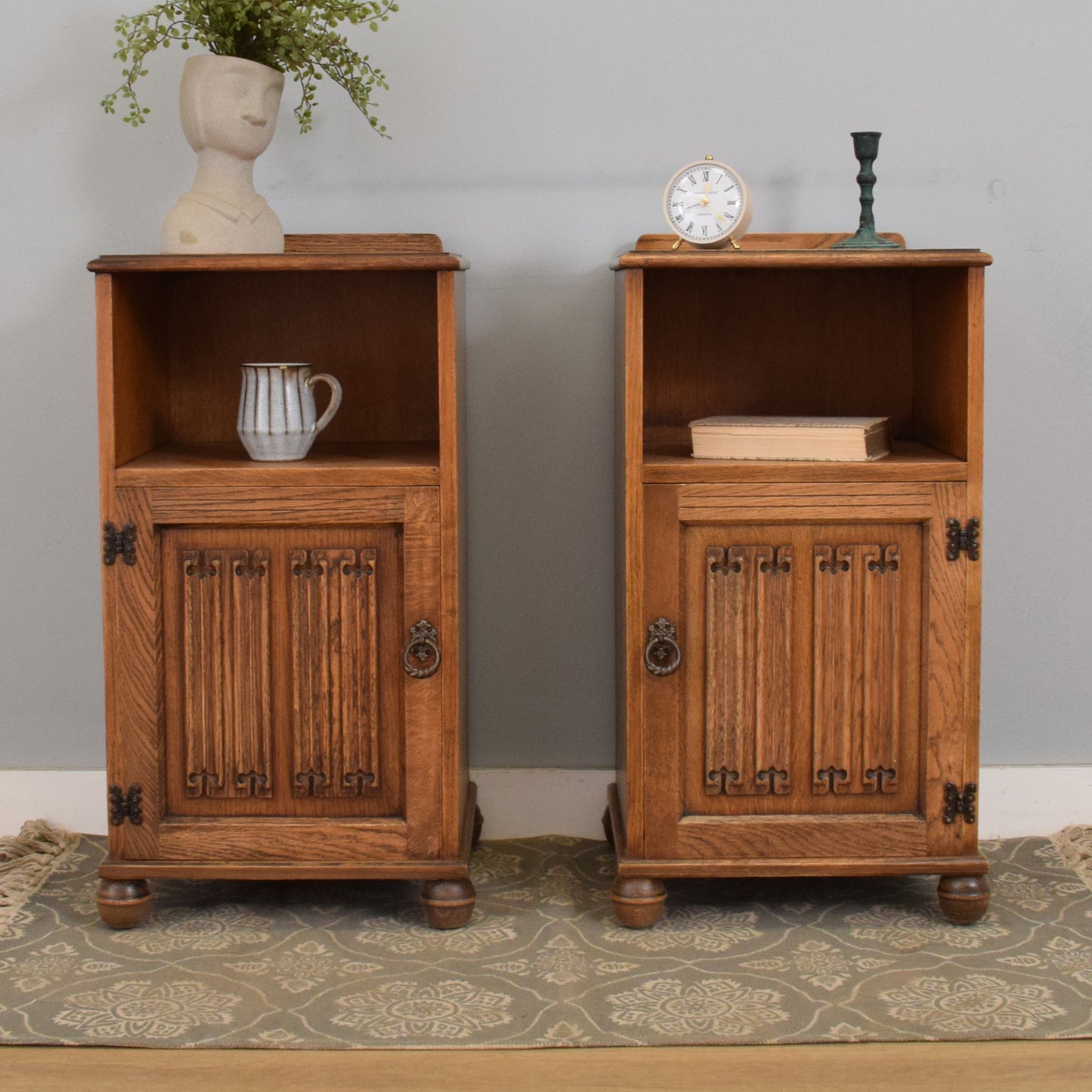 Pair of Restored Oak Linenfold Bedsides