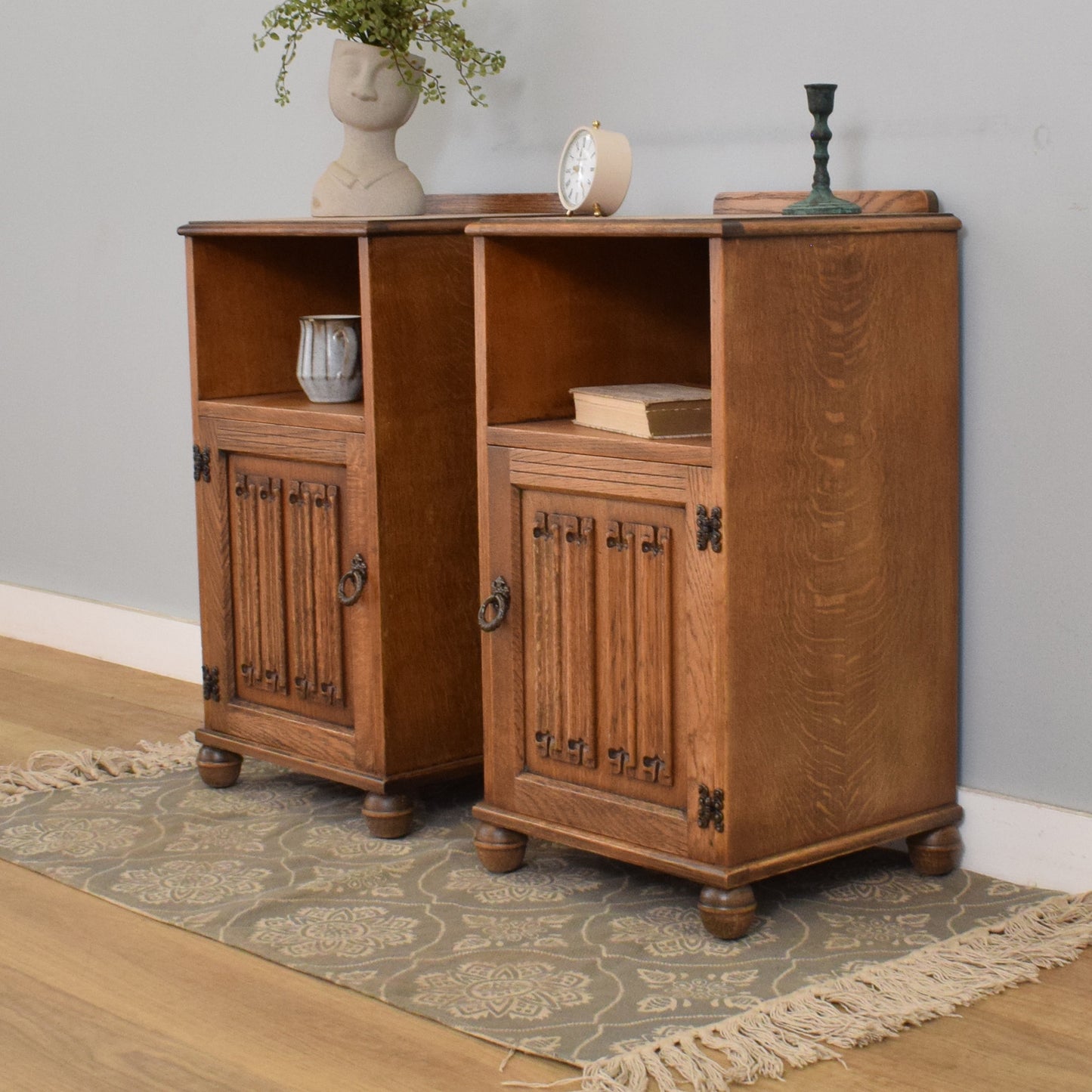 Pair of Restored Oak Linenfold Bedsides