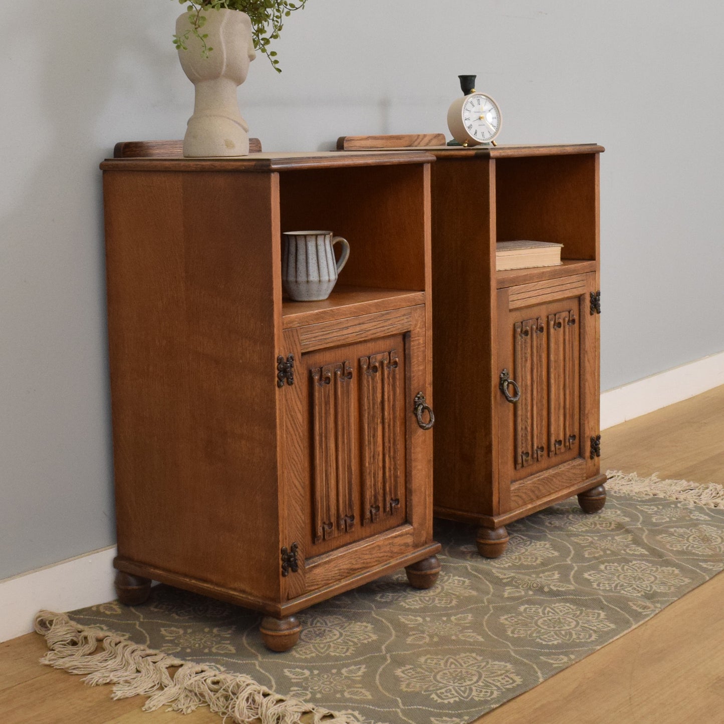 Pair of Restored Oak Linenfold Bedsides