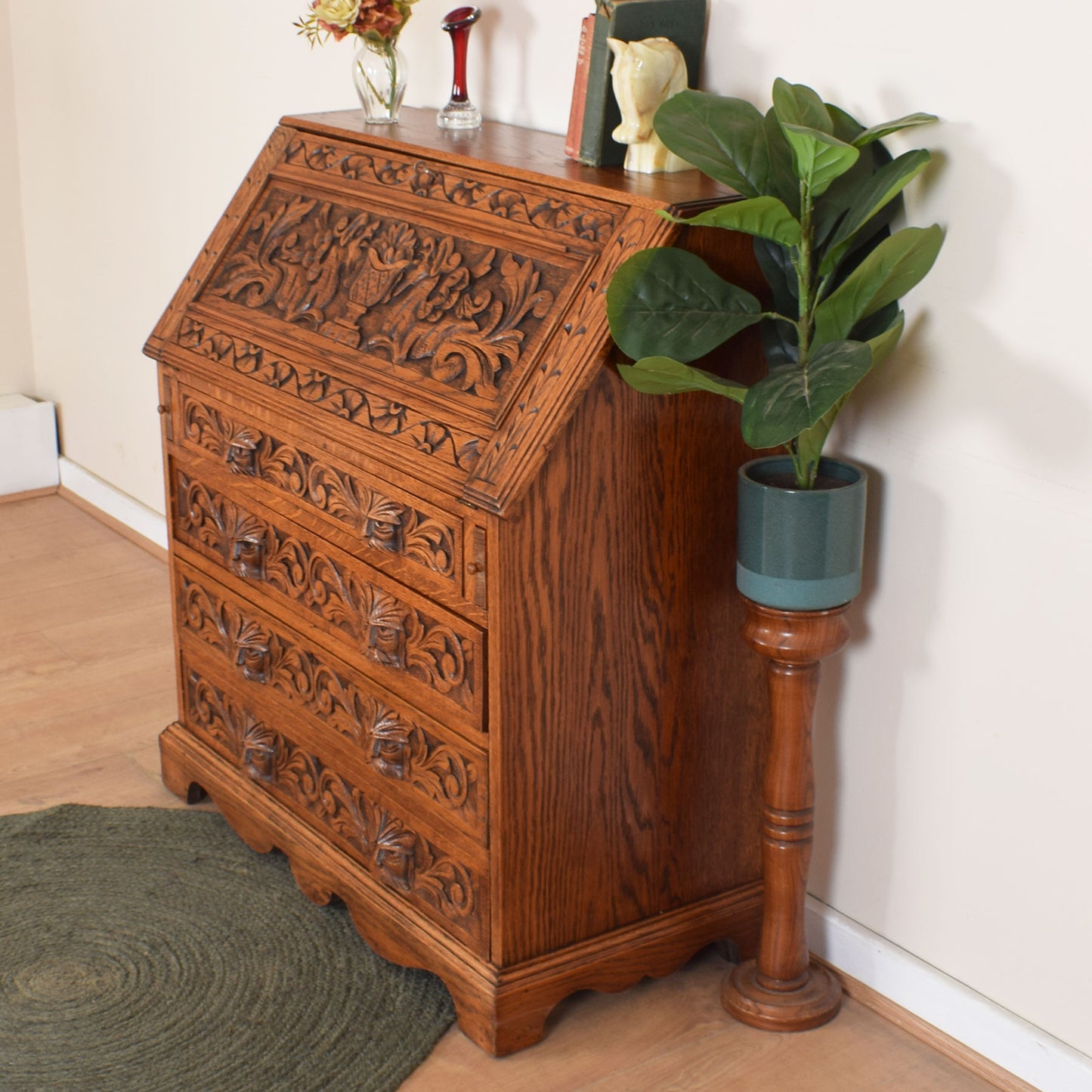 Ornately Carved Oak Greenman Bureau