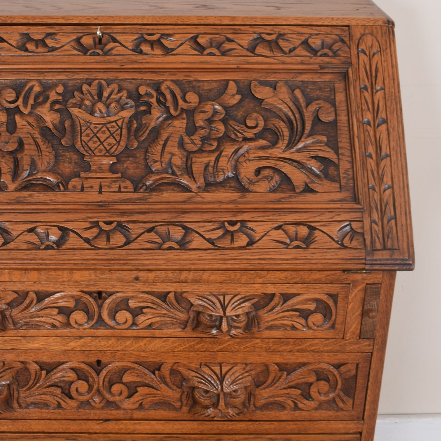 Ornately Carved Oak Greenman Bureau