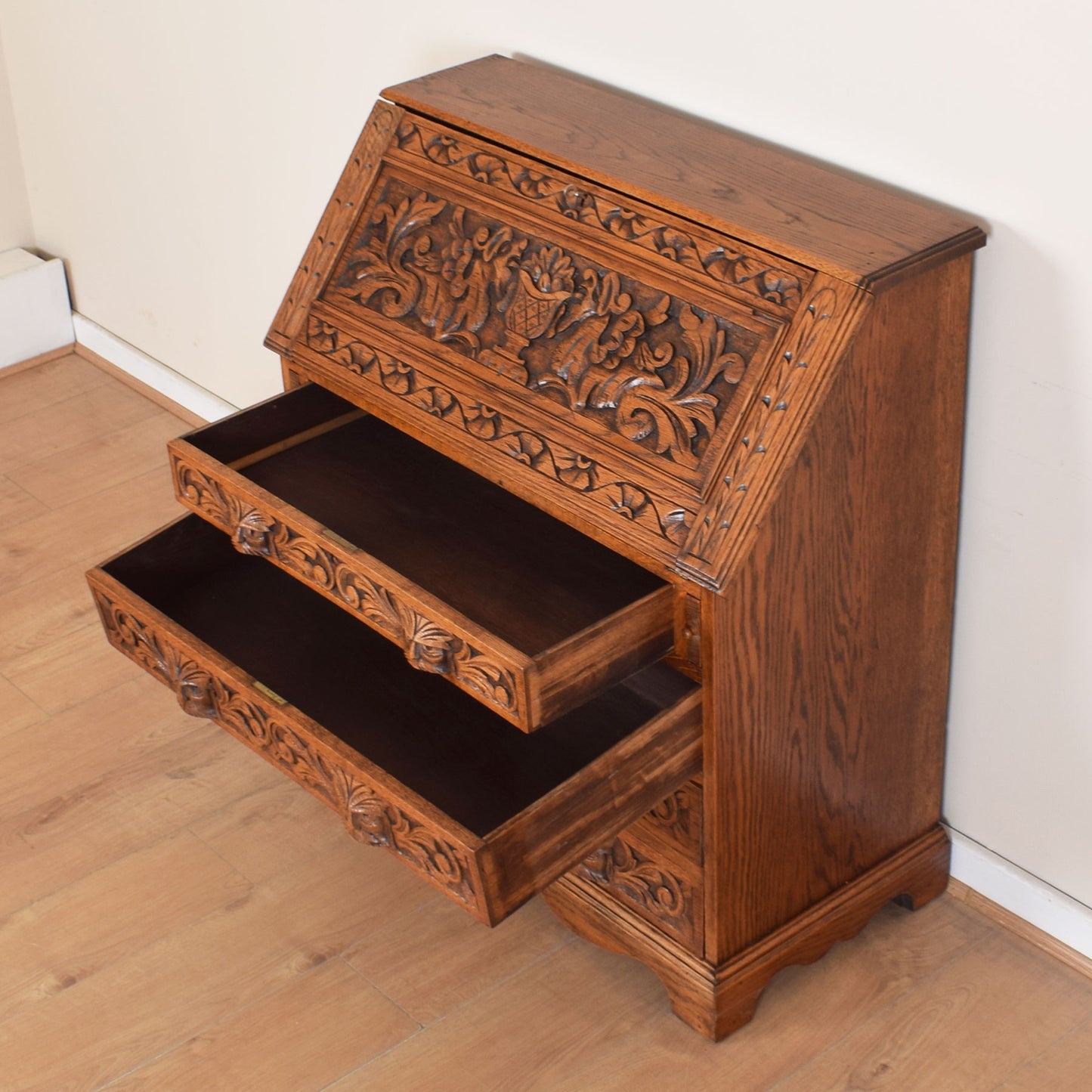 Ornately Carved Oak Greenman Bureau