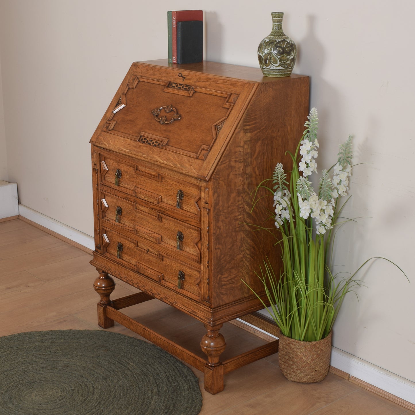 Ornate Unusual Oak Bureau