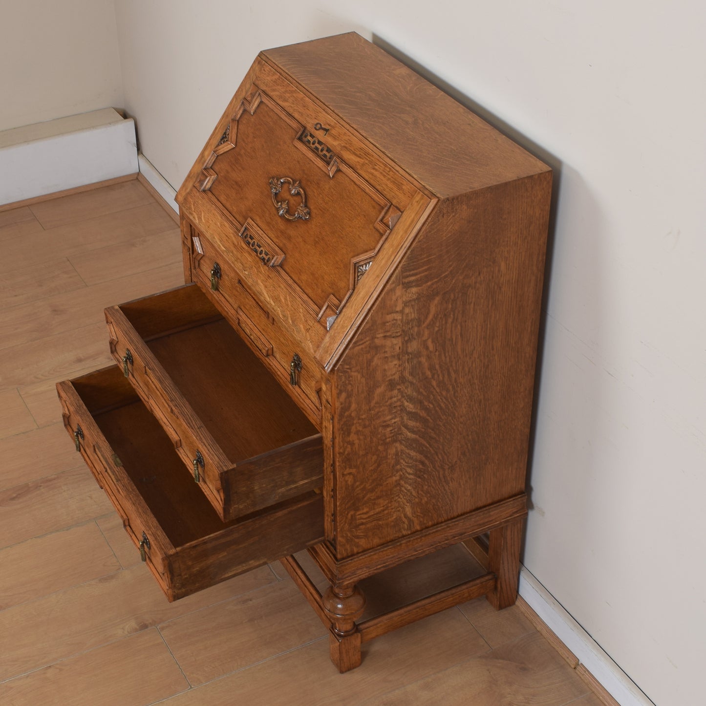 Ornate Unusual Oak Bureau