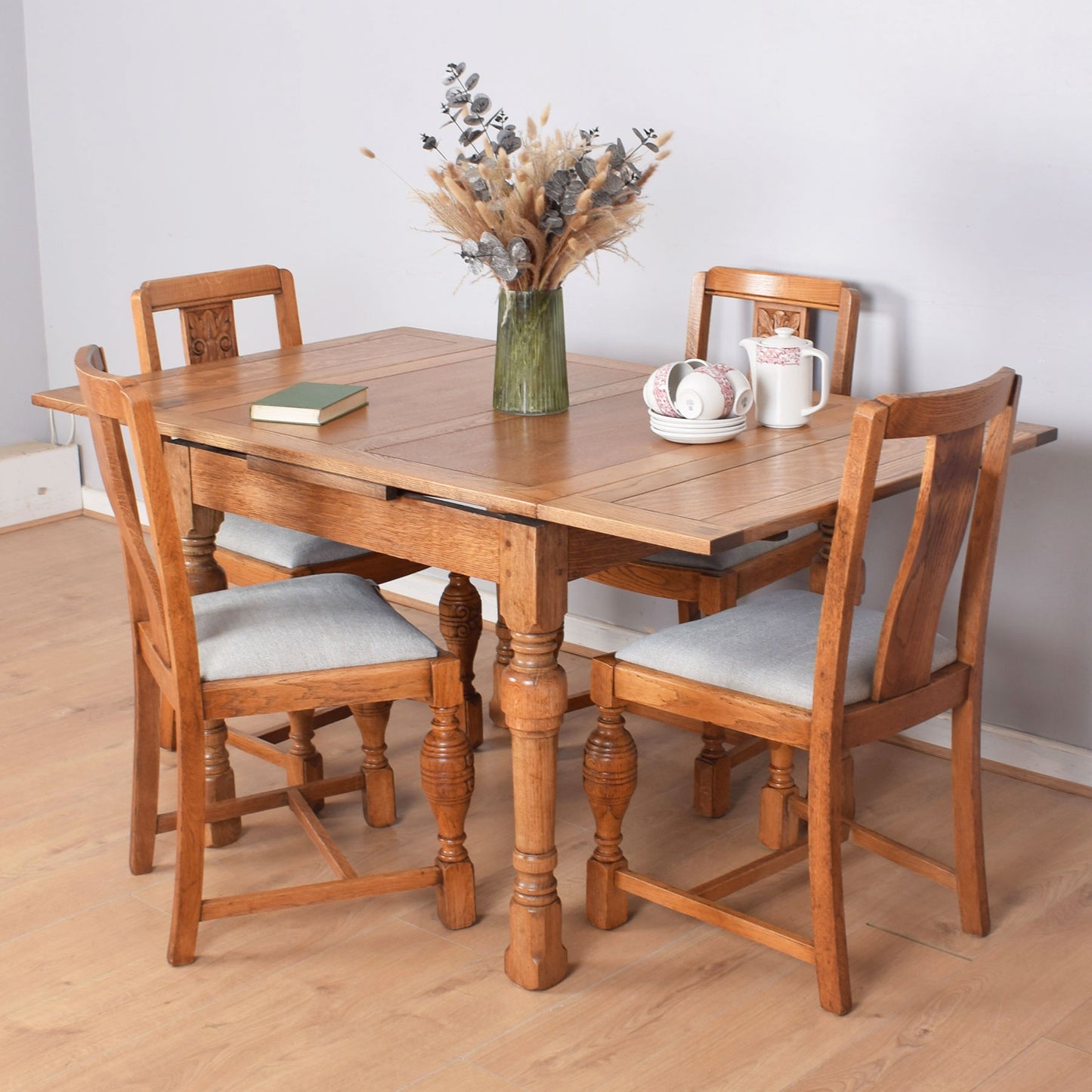 Oak Draw-Leaf Table with Four Chairs