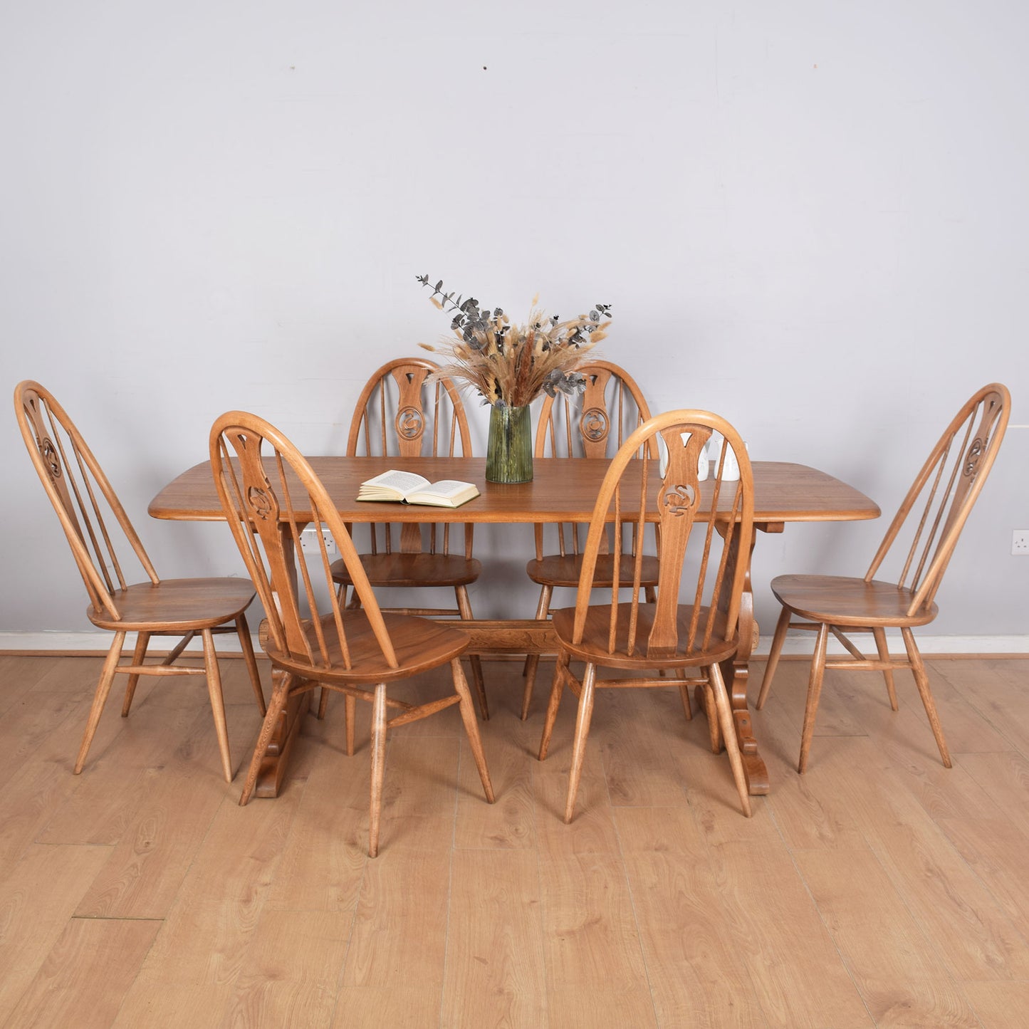 Ercol Dining Table with Six Swan-Back Chairs