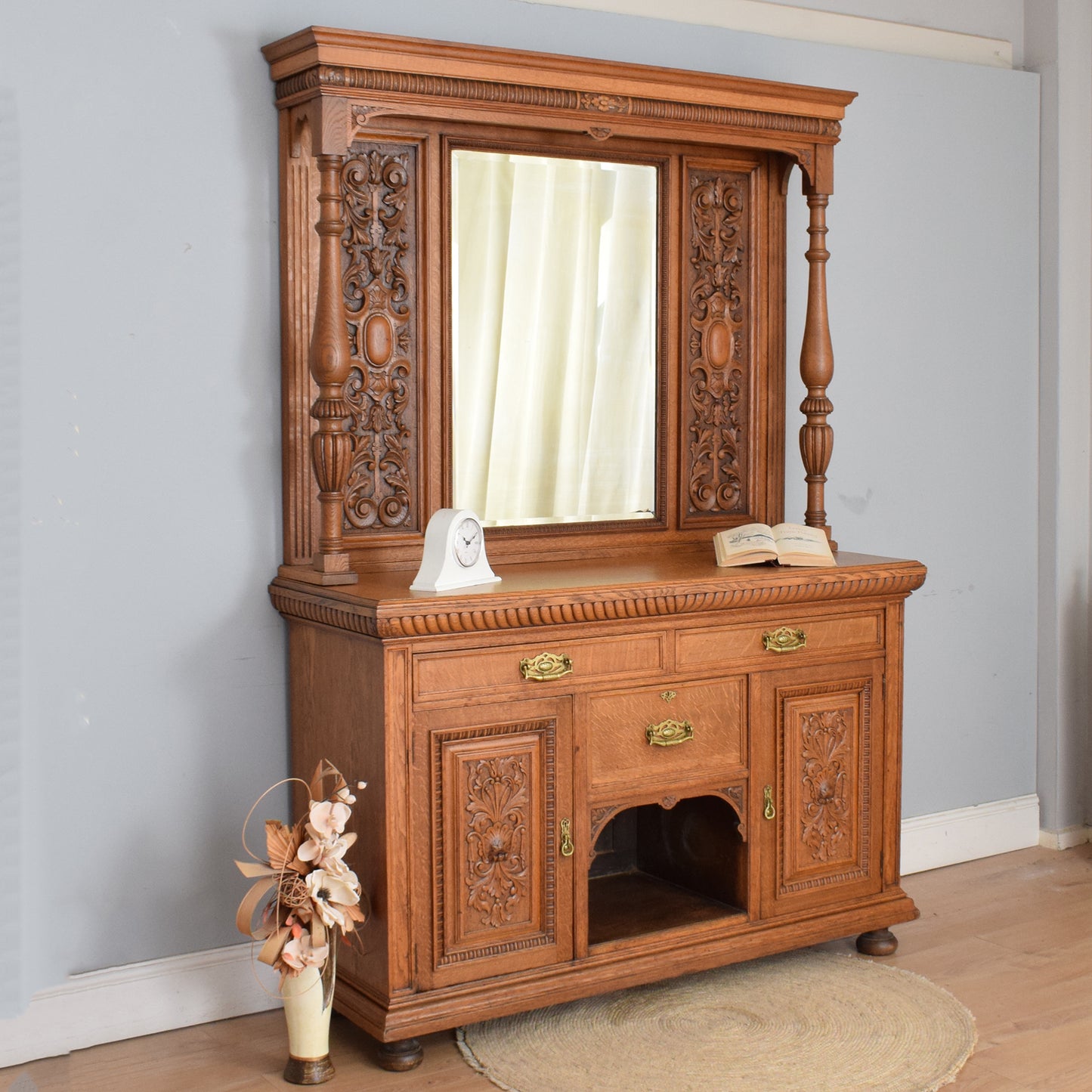 Large Oak Mirrored Sideboard