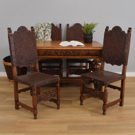 Carved Oak Table and Four Chairs